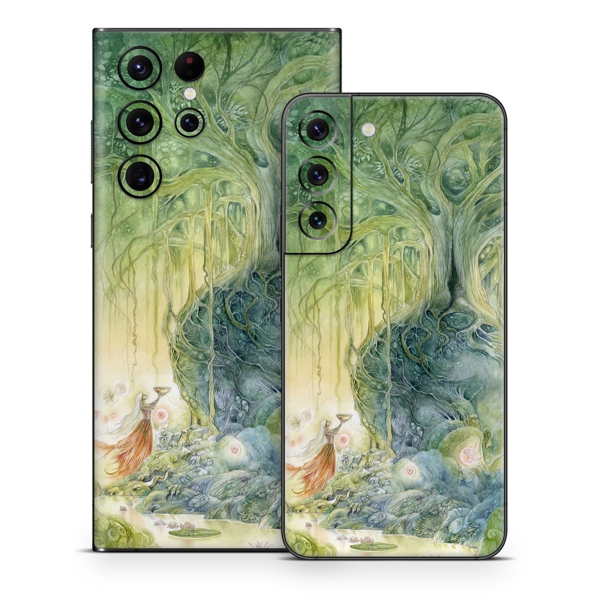Samsung Galaxy S22 Series Skin design of Green, Watercolor paint, Painting, Water, Art, Illustration, Grass, Tree, Plant, Fictional character, with blue, green, red, yellow colors