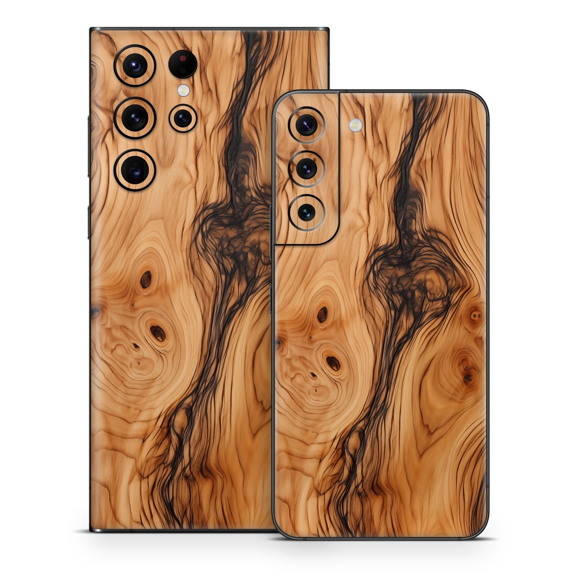 Samsung Galaxy S22 Series Skin design of Brown, Wood, Trunk, Wood stain, Floor, Liquid, Art, Woody plant, Landscape, Flooring, with black, brown, orange colors