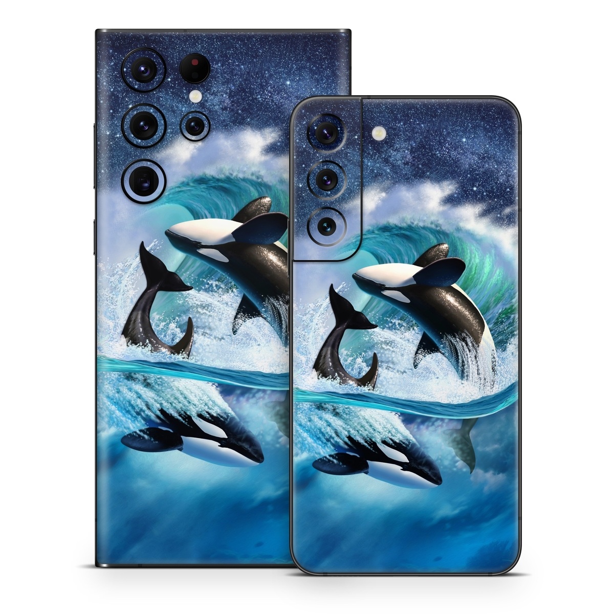 Samsung Galaxy S22 Series Skin design of Dolphin, Short-beaked common dolphin, Sky, Cetacea, Killer whale, Marine mammal, Water, Illustration, Bottlenose dolphin, Common bottlenose dolphin, with black, blue, white, green colors