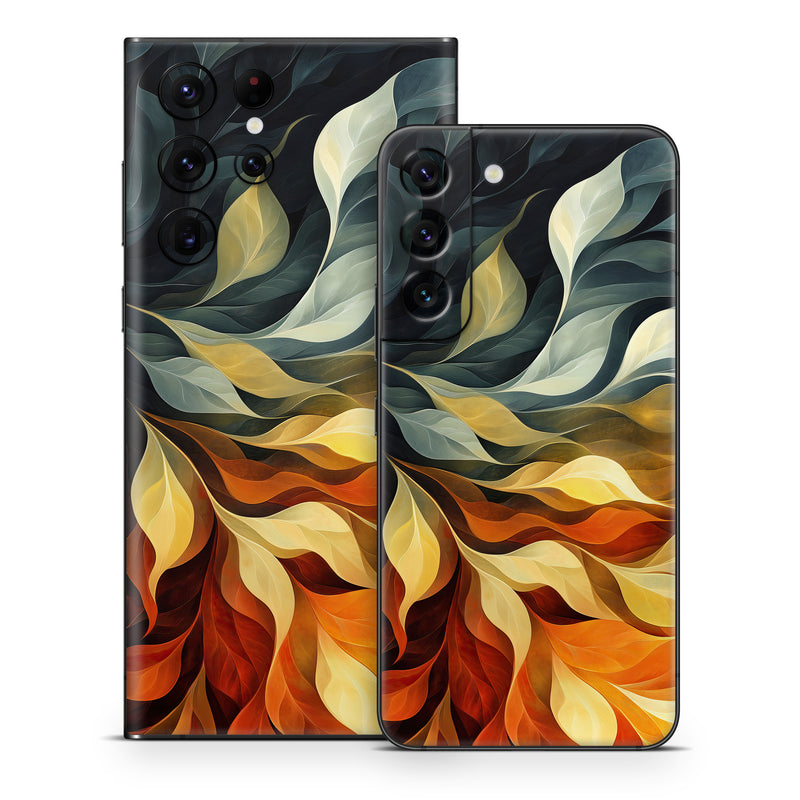 Samsung Galaxy S22 Series Skin design of Yellow, Orange, Art, Brown, Visual arts, Modern art, Design, Graphics, Fractal art, Paint, with red, orange, yellow, white, black, gray colors