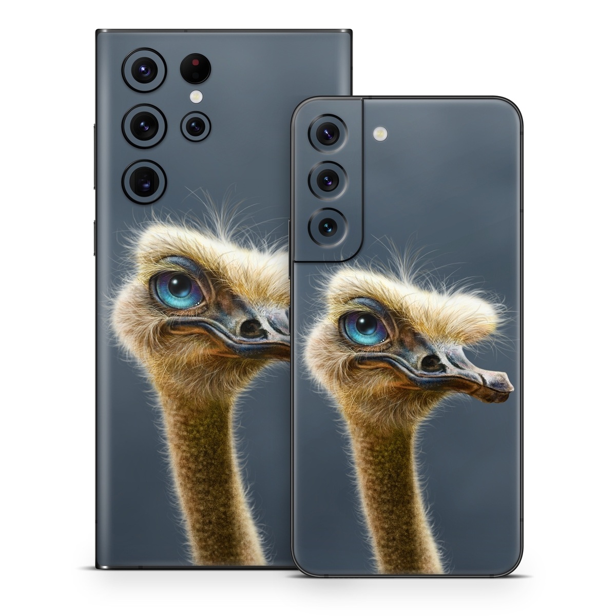 Samsung Galaxy S22 Series Skin design of Ostrich, Flightless bird, Ratite, Bird, Beak, Close-up, Emu, Wildlife, Organism, Terrestrial animal, with black, gray, blue, green, red colors