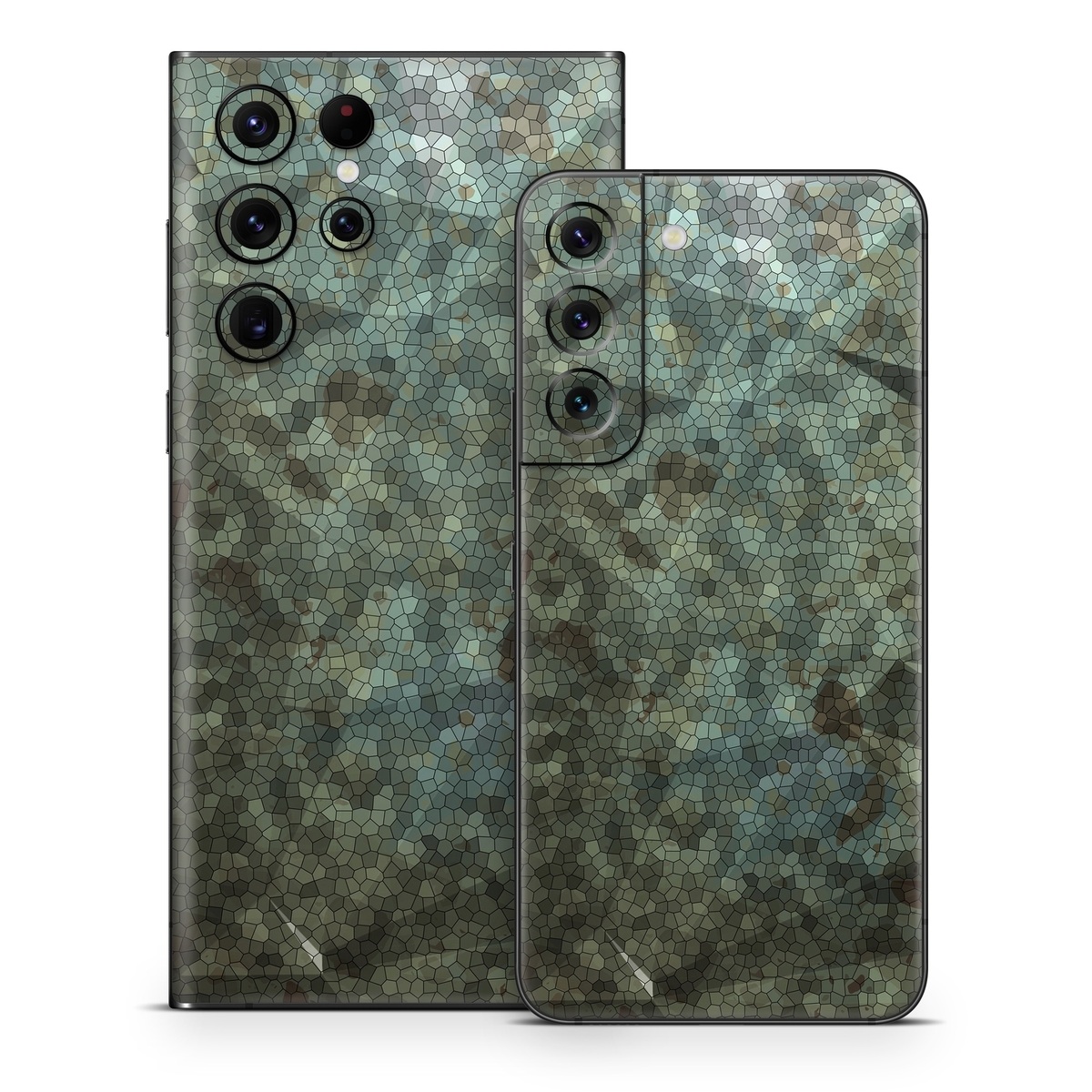 Samsung Galaxy S22 Series Skin design of Green, Pattern, Brown, Wall, Design, Rock, Geology, Camouflage, Granite, Metal, with black, brown, blue, gray, white colors