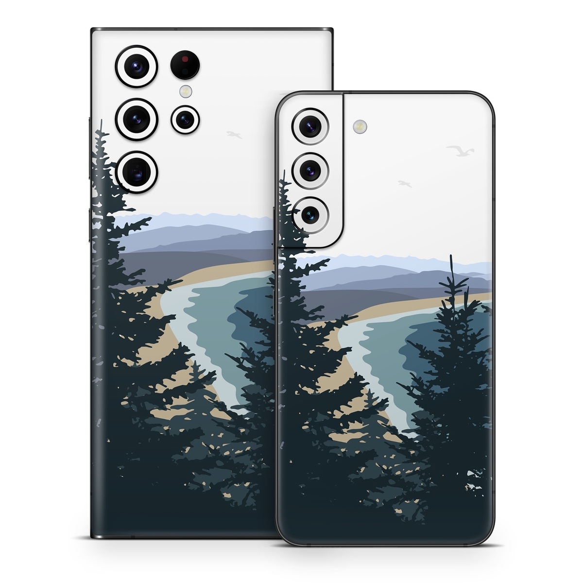Samsung Galaxy S22 Series Skin design of Sky, Plant, Mountain, Natural landscape, Branch, Larch, Tree, Highland, Atmospheric phenomenon, Evergreen, with white, blue, yellow, gray, black, green colors