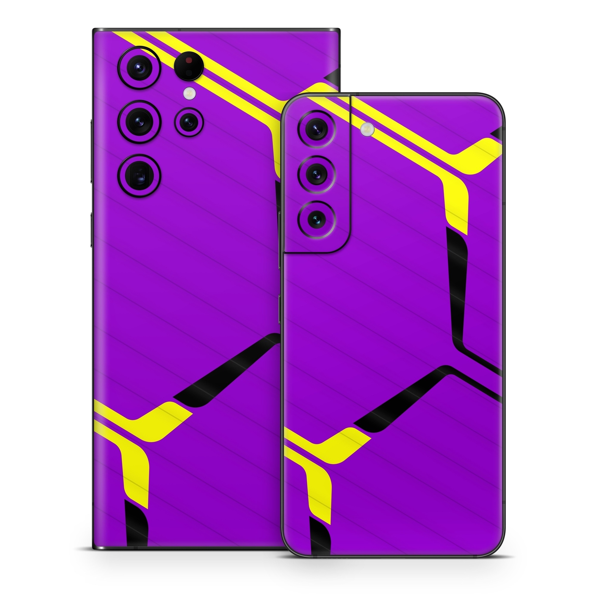 Samsung Galaxy S22 Series Skin design of Colorfulness, Purple, Violet, Line, Magenta, Parallel, Symmetry, Pattern, Electric blue, Font, with purple, yellow, black colors