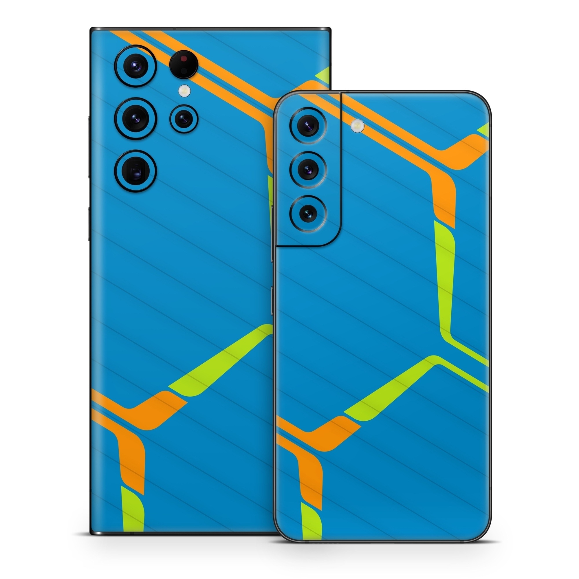 Samsung Galaxy S22 Series Skin design of Azure, Triangle, Rectangle, Parallel, Electric blue, Symmetry, Font, Pattern, Circle, Sky, with blue, orange, green colors