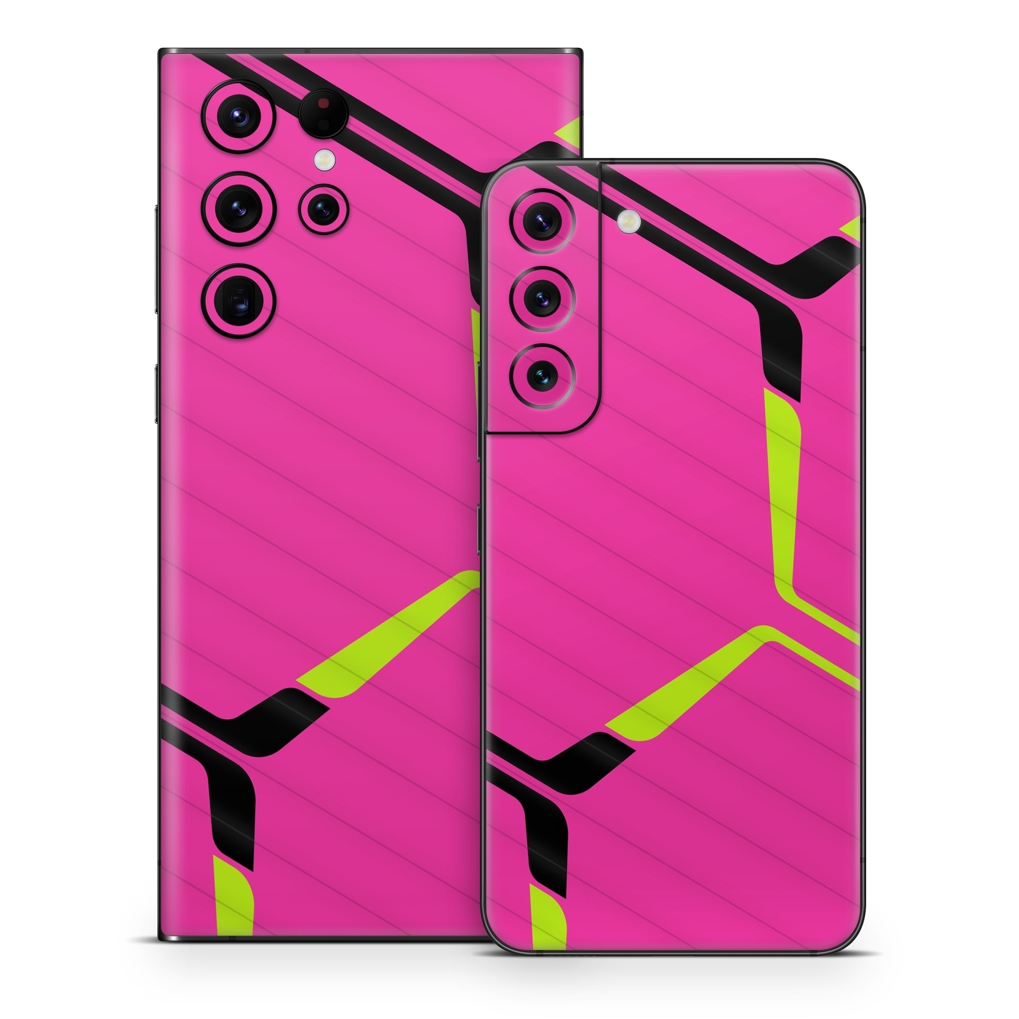 Samsung Galaxy S22 Series Skin design of Purple, Textile, Sleeve, Jersey, Violet, Triangle, Font, Magenta, Collar, Parallel, with pink, black, yellow colors
