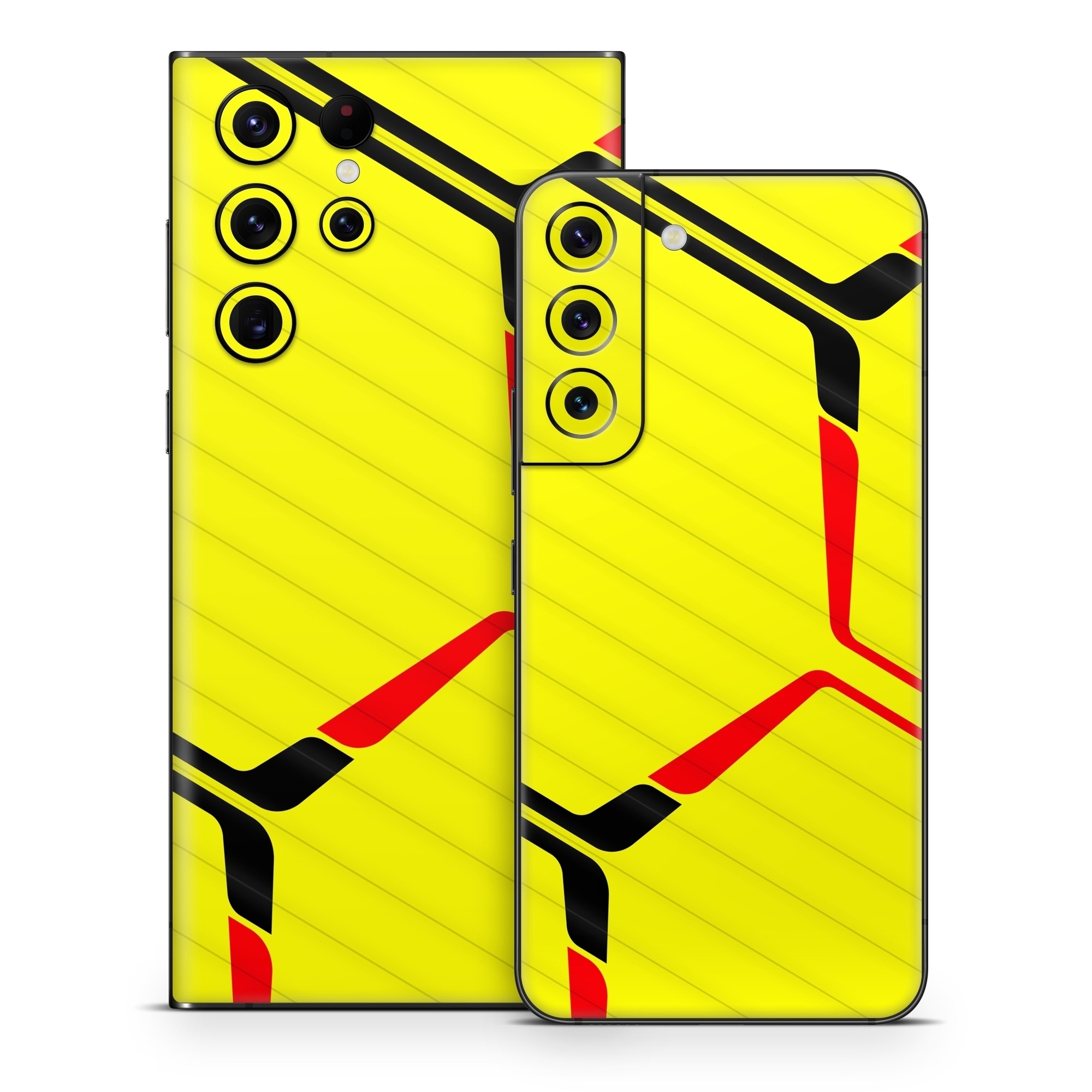 Samsung Galaxy S22 Series Skin design of Rectangle, Yellow, Parallel, Font, Tints and shades, Wood, Triangle, Pattern, Graphics, Symmetry, with yellow, black, red colors