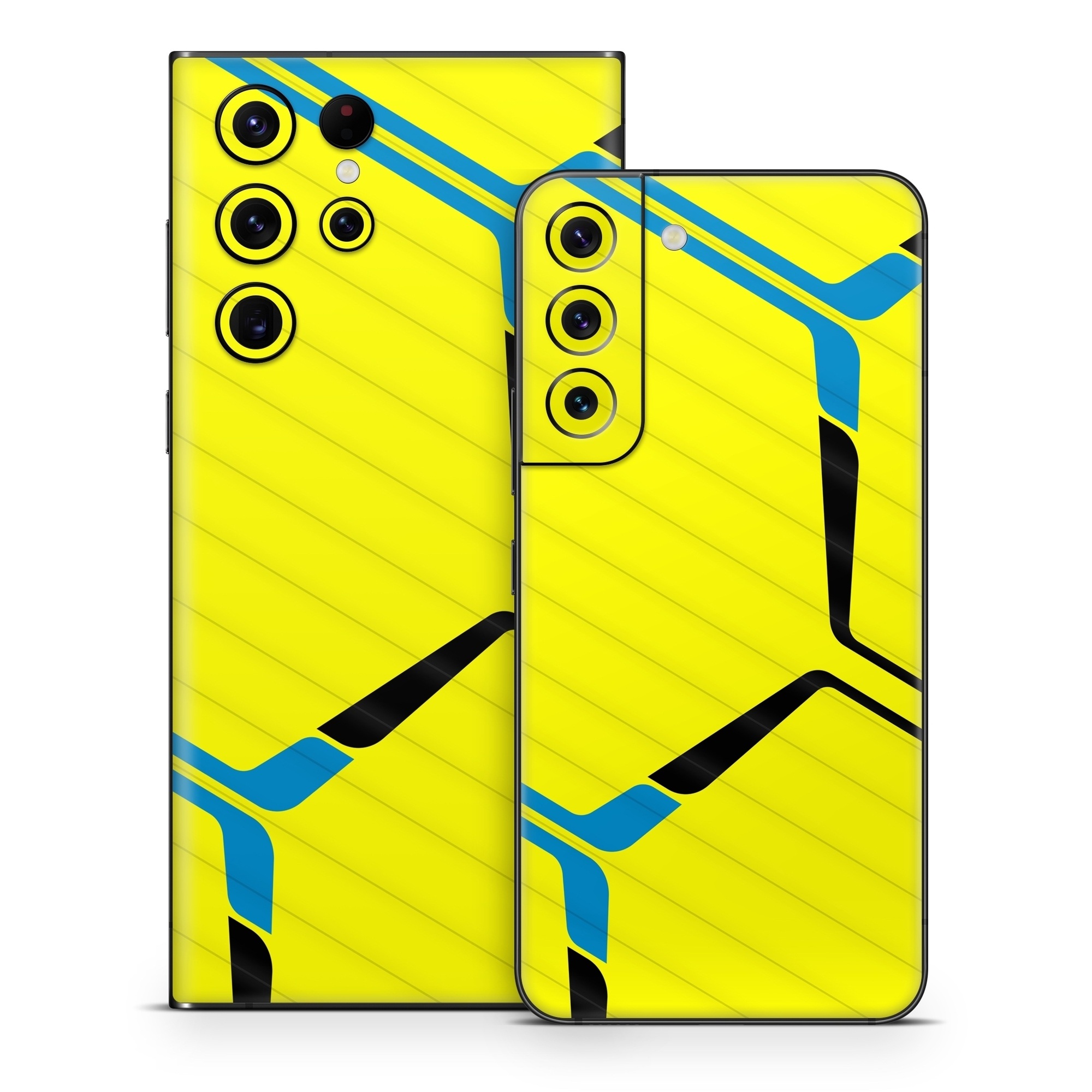 Samsung Galaxy S22 Series Skin design of Azure, Triangle, Font, Parallel, Symmetry, Pattern, Electric blue, Symbol, Rectangle, Design, with yellow, blue colors