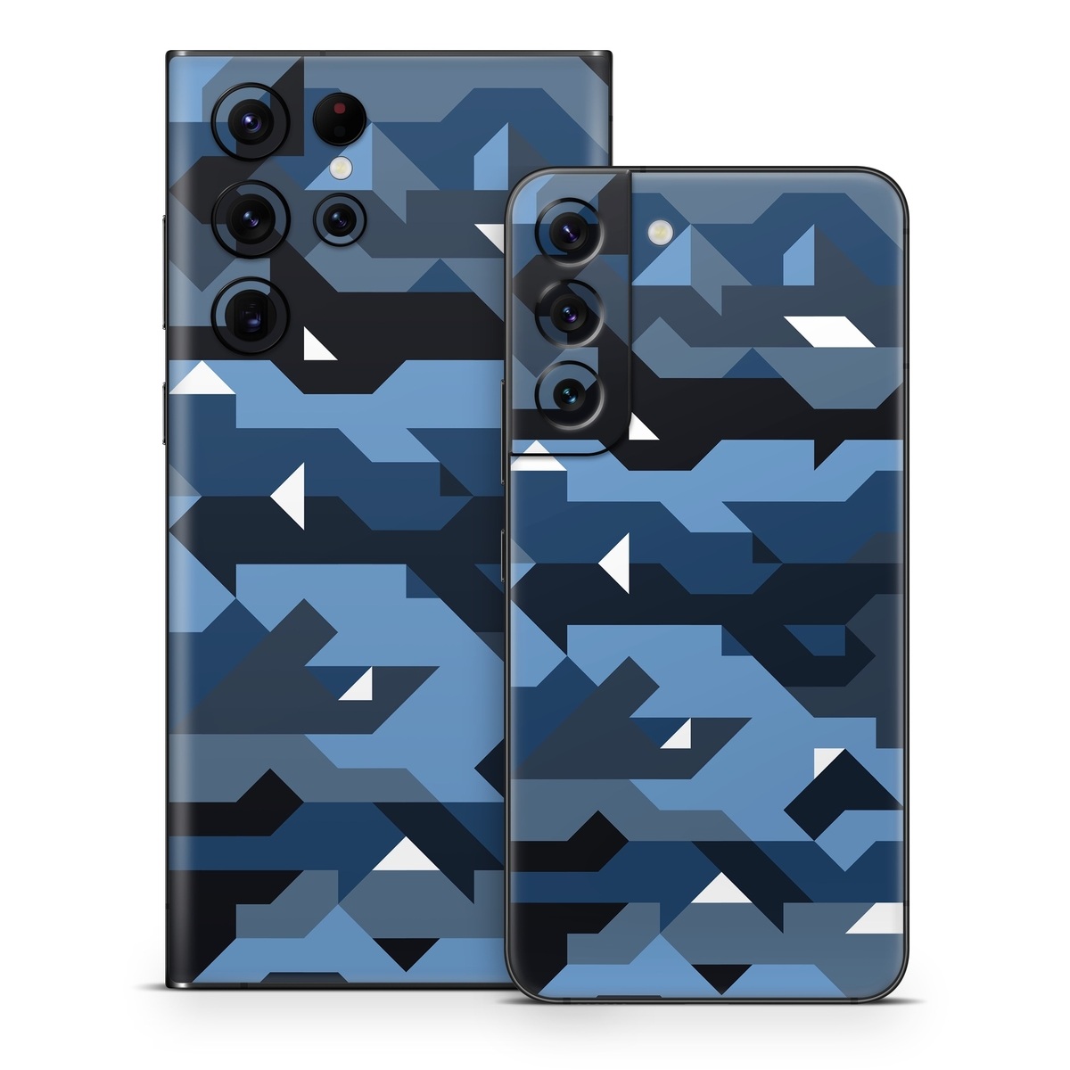 Samsung Galaxy S22 Series Skin design of Blue, Pattern, Design, Font, Line, Camouflage, Illustration, Triangle, with blue, black, white, gray colors