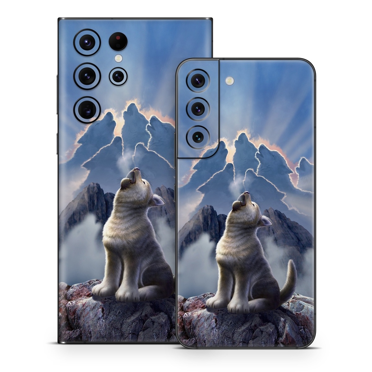 Samsung Galaxy S22 Series Skin design of Sky, Cloud, Atmosphere, Rock, Wolf, Photography, Cg artwork, Illustration, Mountain, Mythology, with white, blue, gray, brown colors