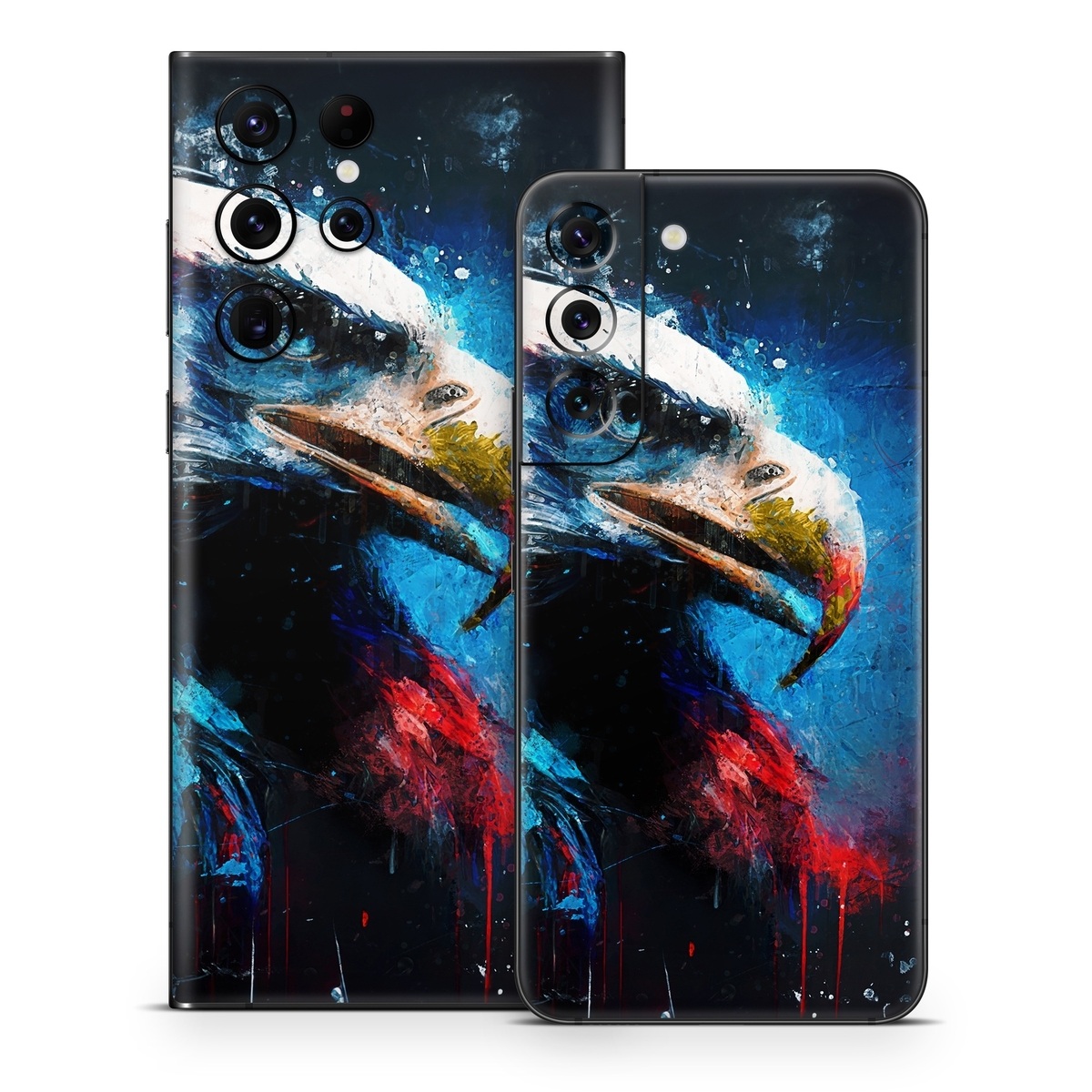 Samsung Galaxy S22 Series Skin design of Bird, Beak, Organism, Art, Feather, Paint, Painting, Accipitridae, Bird of prey, Electric blue, with blue, red, white, black, gray, yellow colors