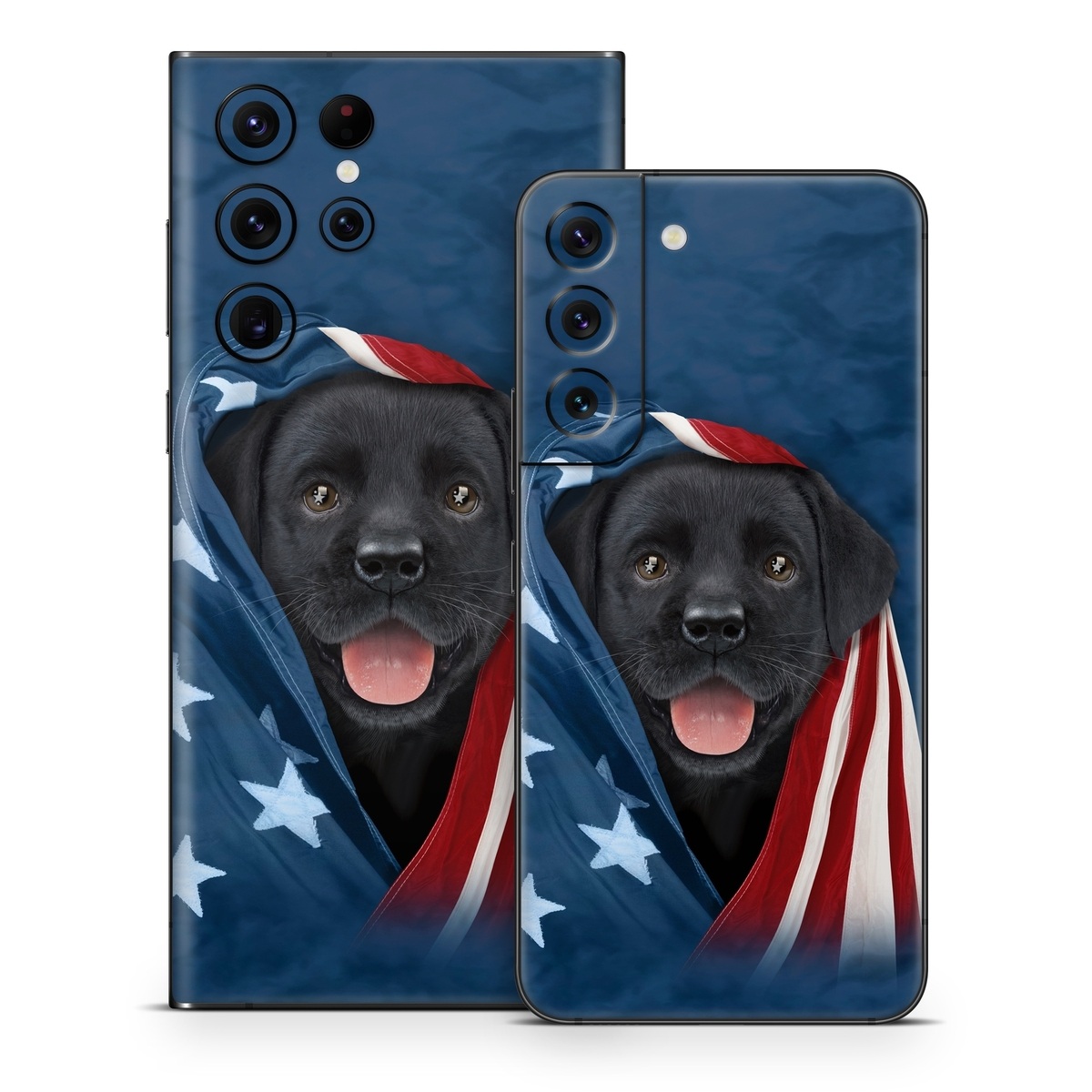 Samsung Galaxy S22 Series Skin design of Canidae, Dog, Dog breed, Flag, Snout, Carnivore, Sporting Group, Labrador retriever, Flag of the united states, Puppy, with black, gray, white, blue, red colors