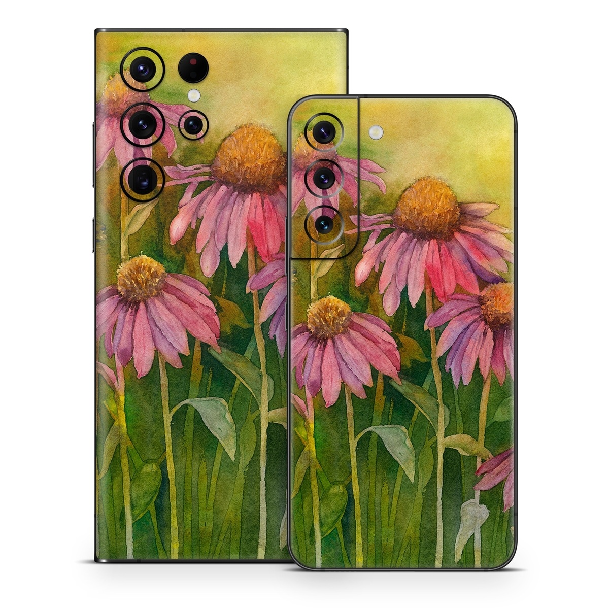 Samsung Galaxy S22 Series Skin design of Flowering plant, Purple coneflower, Coneflower, Flower, Plant, Watercolor paint, Wildflower, black-eyed susan, Petal, Daisy family, with black, green, red, gray, purple colors