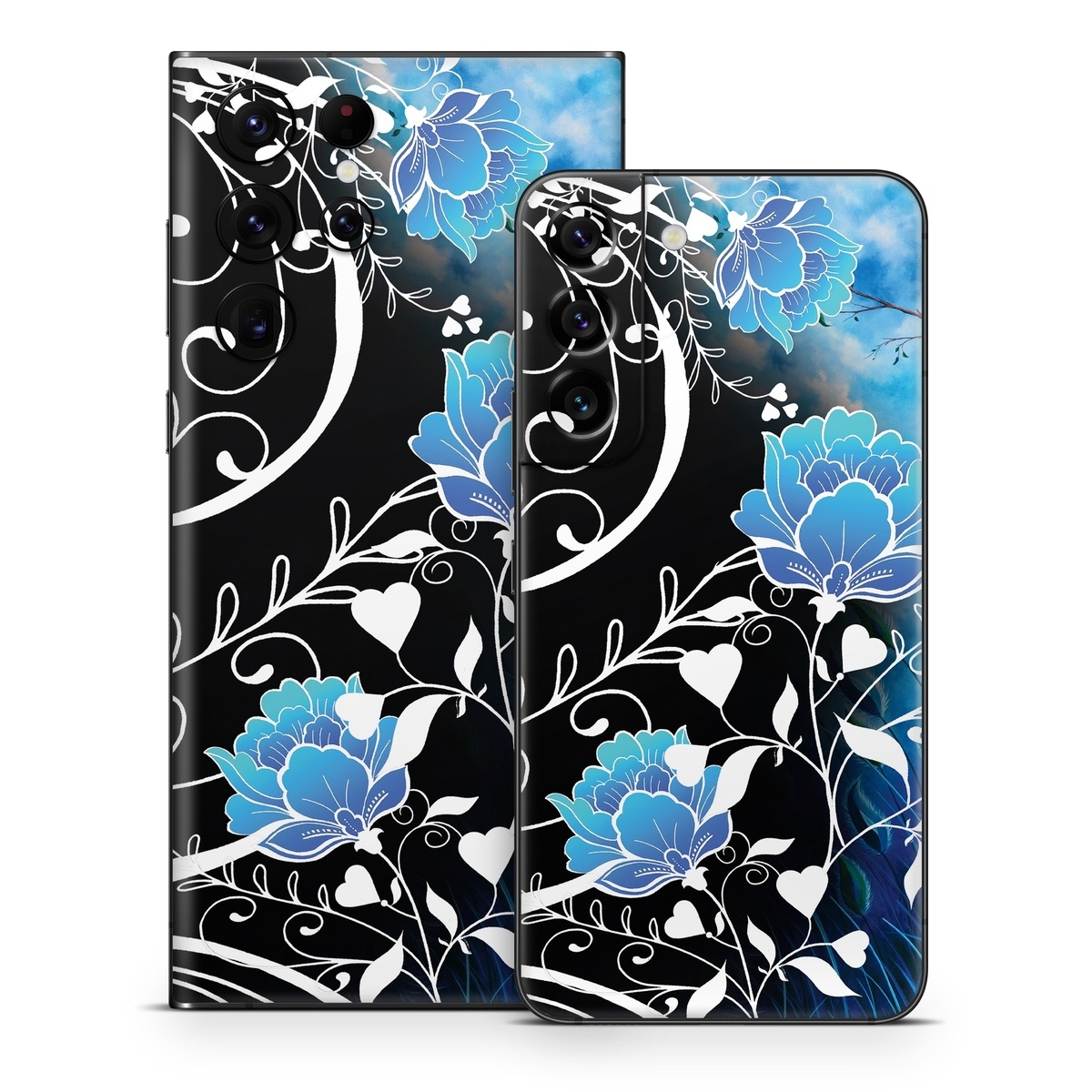 Samsung Galaxy S22 Series Skin design of Blue, Pattern, Graphic design, Design, Illustration, Organism, Visual arts, Graphics, Plant, Art, with black, blue, gray, white colors