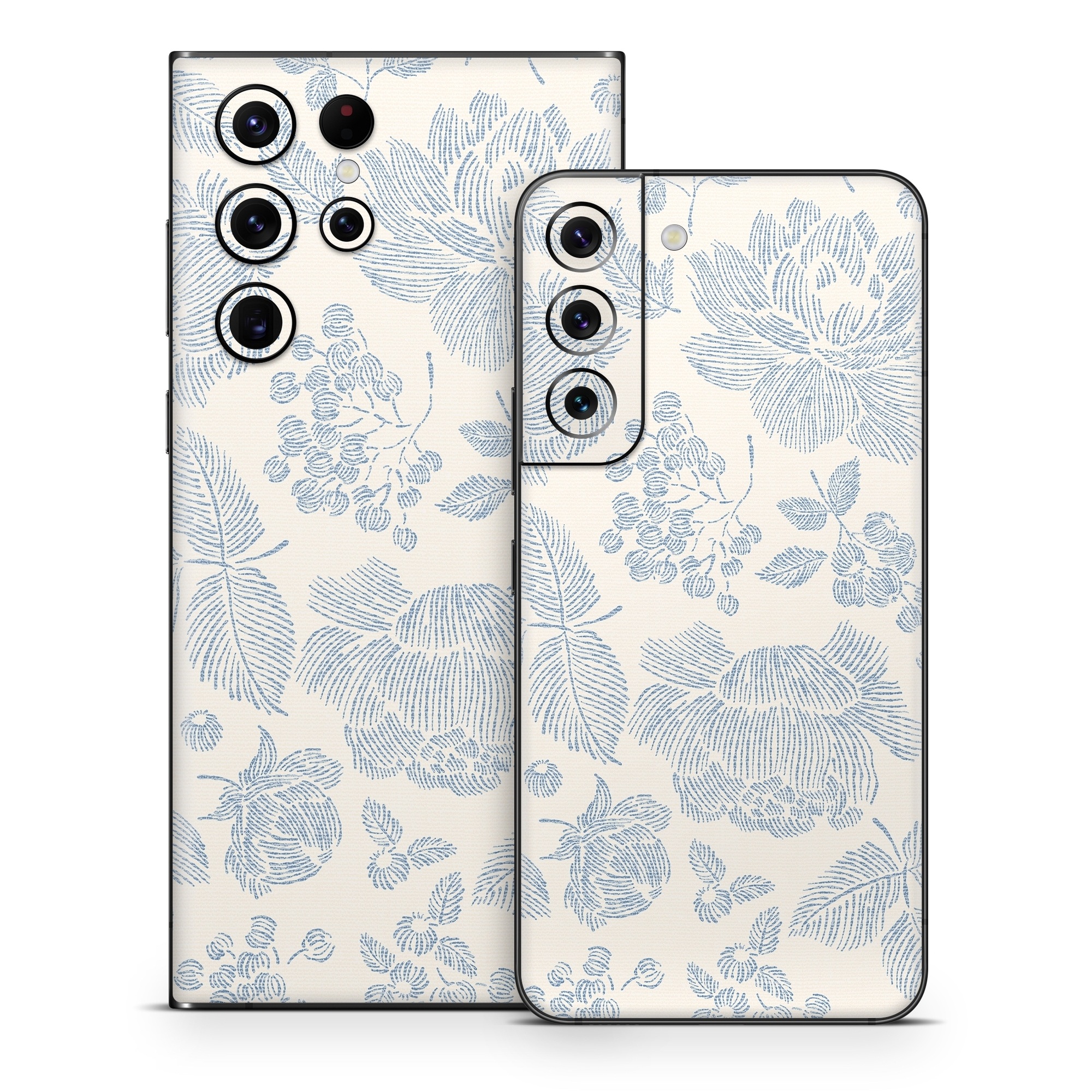 Samsung Galaxy S22 Series Skin design of White, Botany, Leaf, Textile, Branch, Organism, Art, Aqua, Line, Rectangle, with white, blue colors