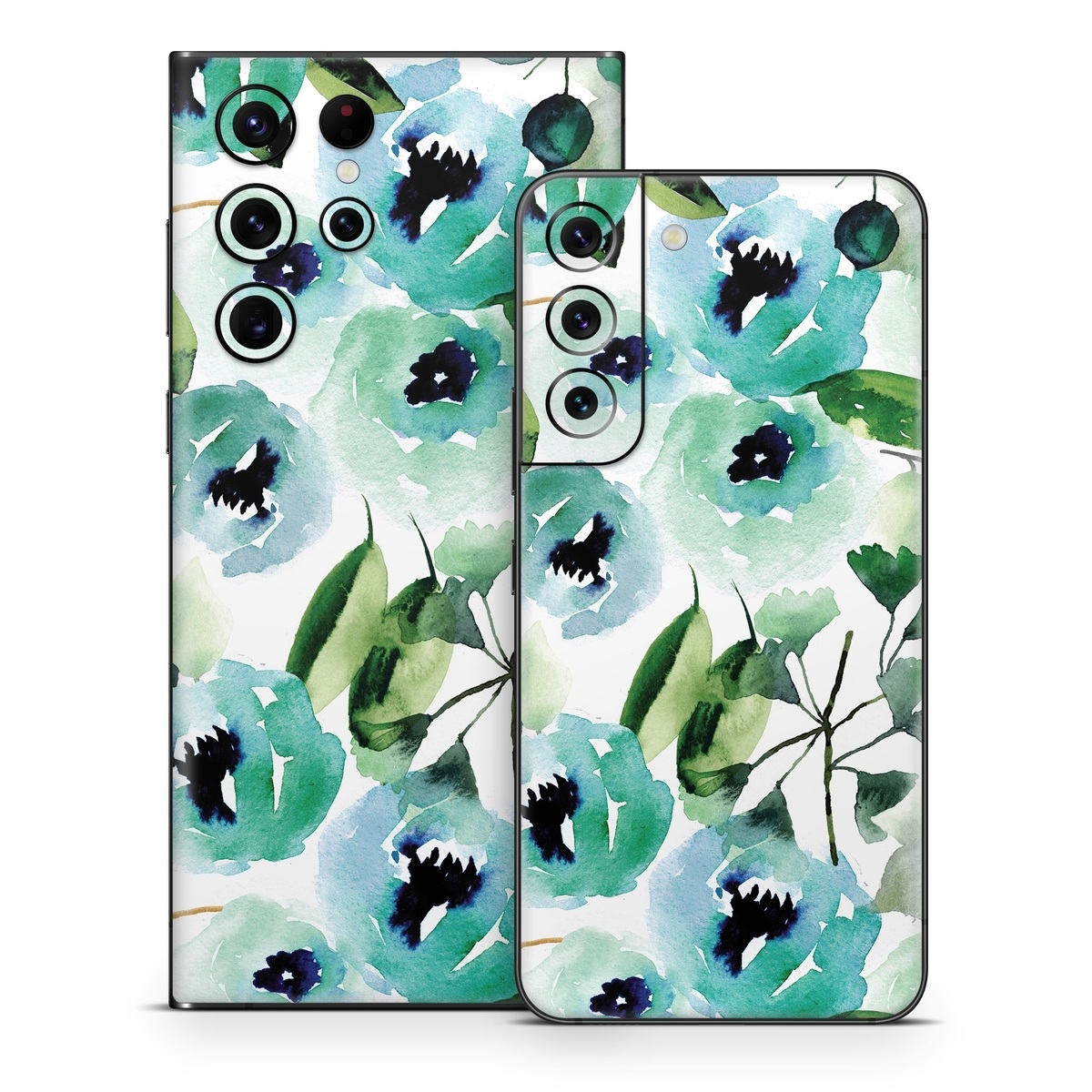 Samsung Galaxy S22 Series Skin design of Green, Pattern, Leaf, Aqua, Plant, Design, Branch, Organism, Flower, Ivy, with white, green, blue, black colors