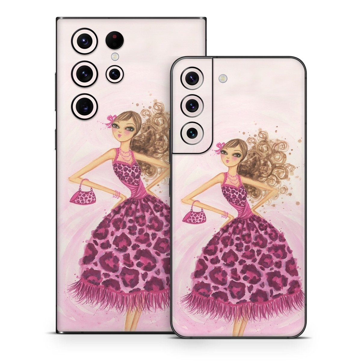 Samsung Galaxy S22 Series Skin design of Pink, Doll, Dress, Fashion illustration, Barbie, Fashion design, Illustration, Gown, Costume design, Toy, with pink, gray, red, purple, green colors