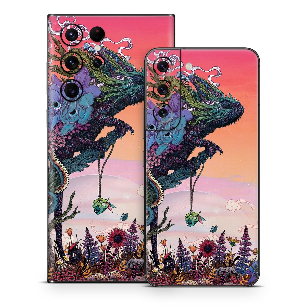 Samsung Galaxy S22 Series Skin design of Illustration, Fictional character, Fiction, Art, Organism, Plant, Tree, Graphic design, Cg artwork, with red, orange, green, purple, white, blue, brown colors