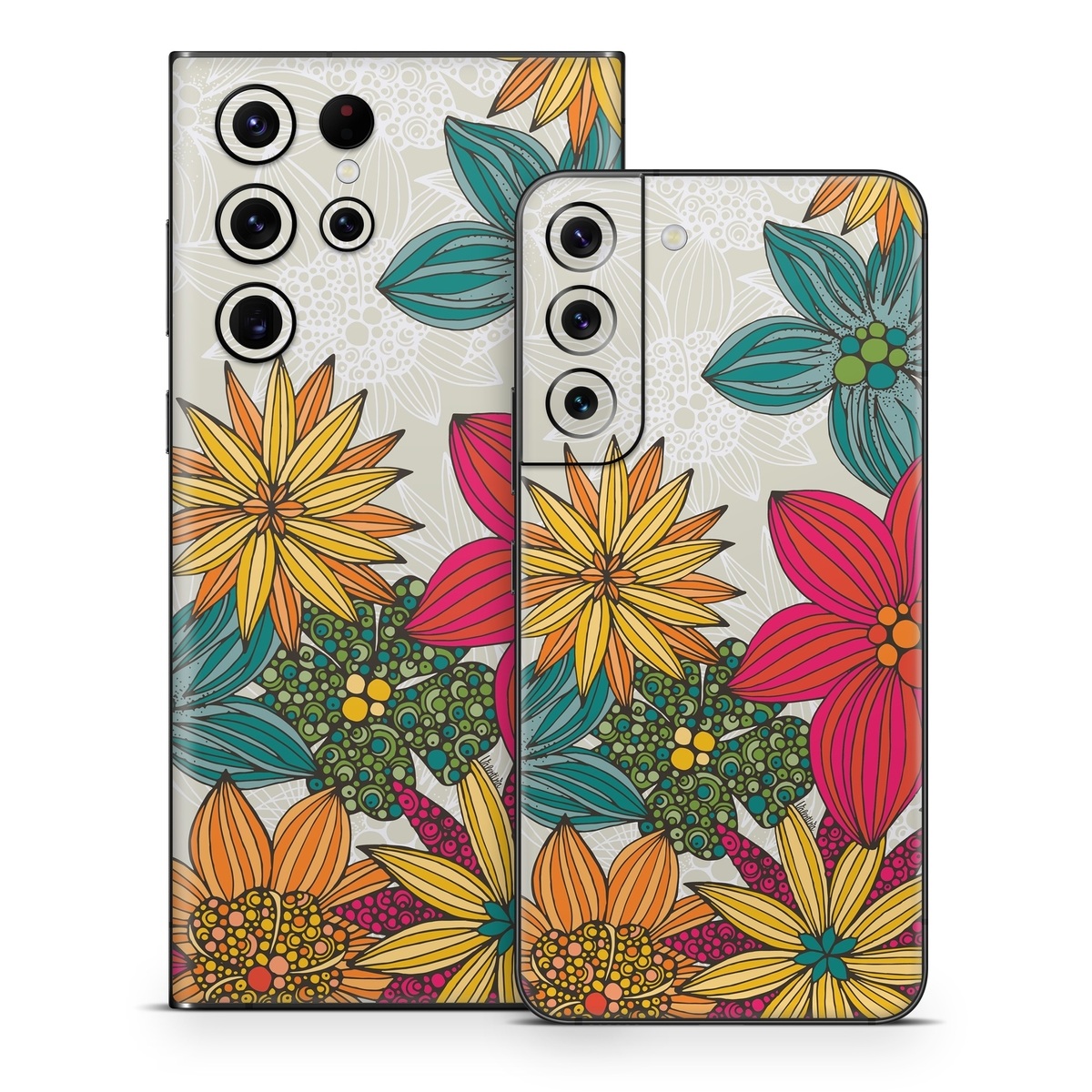 Samsung Galaxy S22 Series Skin design of Floral design, Pattern, Flower, Wildflower, Plant, Botany, Leaf, Design, Textile, Visual arts, with blue, yellow, red, green, orange, gray colors