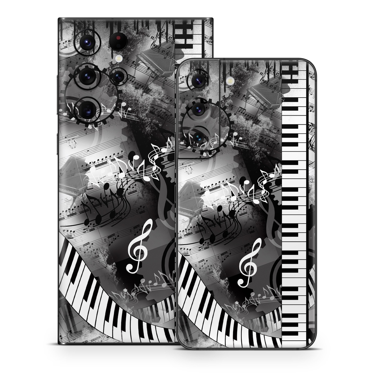 Samsung Galaxy S22 Series Skin design of Music, Monochrome, Black-and-white, Illustration, Graphic design, Musical instrument, Technology, Musical keyboard, Piano, Electronic instrument, with black, gray, white colors