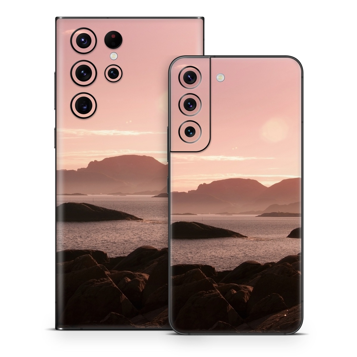 Samsung Galaxy S22 Series Skin design of Sky, Nature, Sea, Atmospheric phenomenon, Horizon, Natural landscape, Coast, Cloud, Morning, Calm, with gray, black, red, pink, green colors