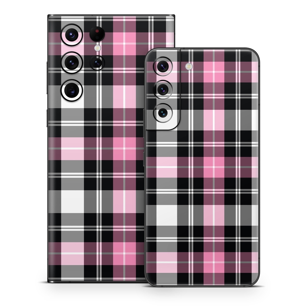 Samsung Galaxy S22 Series Skin design of Plaid, Tartan, Pattern, Pink, Purple, Violet, Line, Textile, Magenta, Design, with black, gray, pink, red, white, purple colors