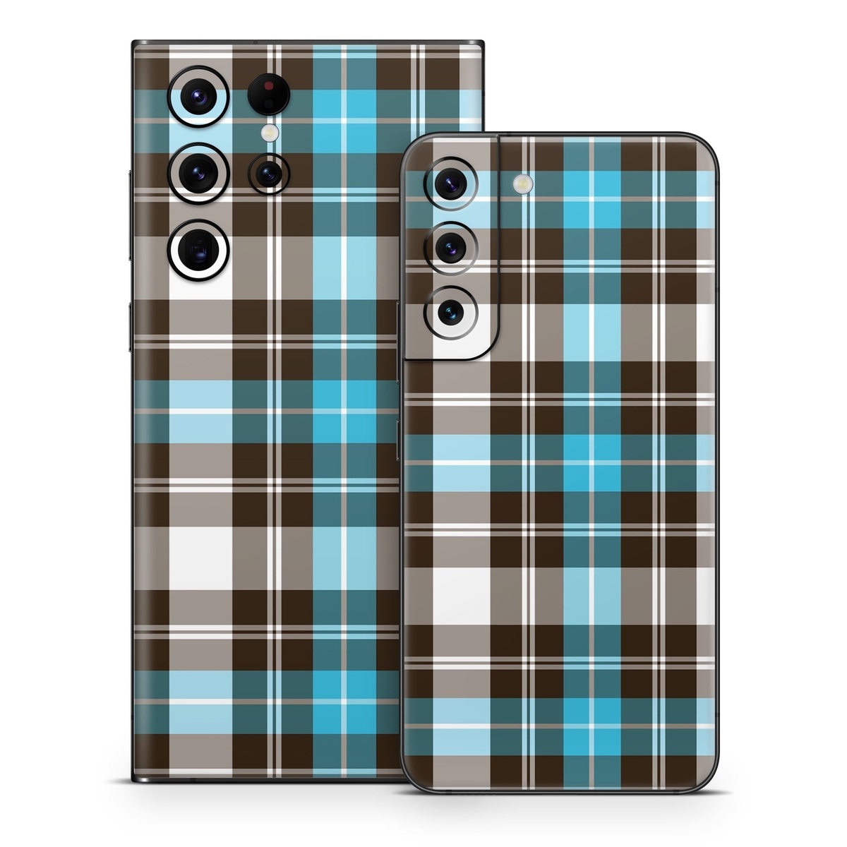 Samsung Galaxy S22 Series Skin design of Plaid, Pattern, Tartan, Turquoise, Textile, Design, Brown, Line, Tints and shades, with gray, black, blue, white colors