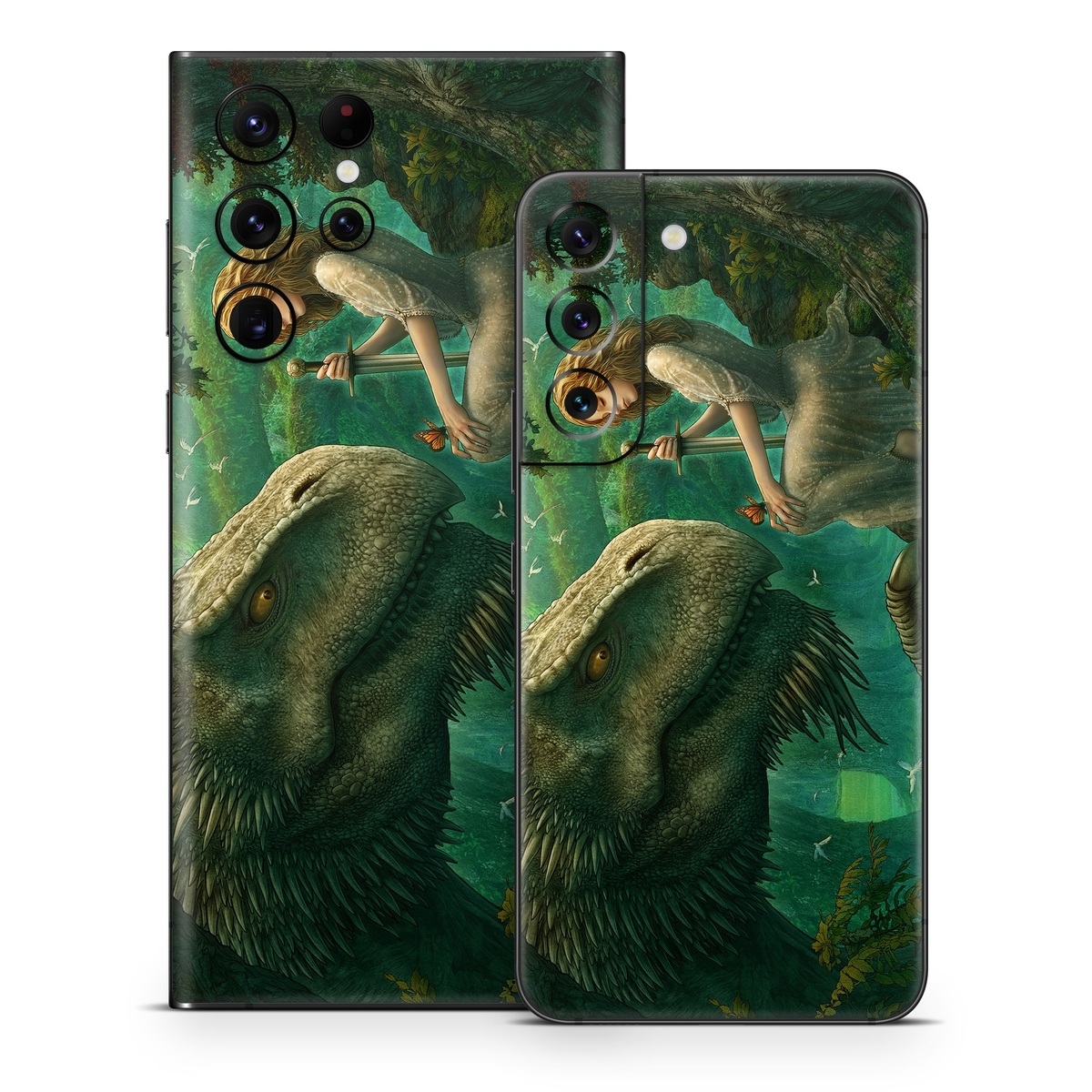 Samsung Galaxy S22 Series Skin design of Dinosaur, Cg artwork, Mythology, Fictional character, Troodon, Extinction, Velociraptor, Illustration, Animated cartoon, Tyrannosaurus, with black, green, gray, red colors