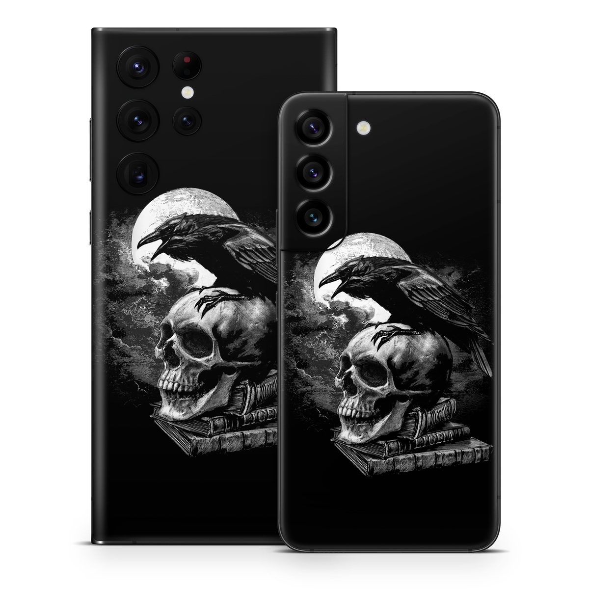 Samsung Galaxy S22 Series Skin design of Bone, Skull, Bird, Darkness, Monochrome, Wing, Black-and-white, Illustration, Beak, Fictional Character, Drawing, Symbol, with black, white, gray colors