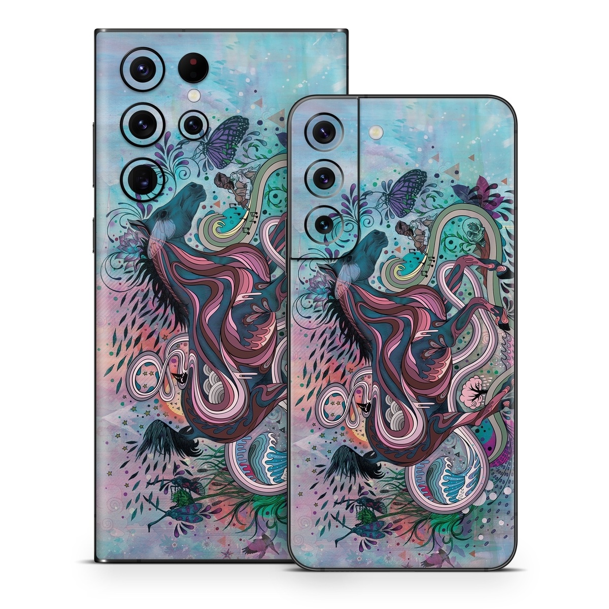 Samsung Galaxy S22 Series Skin design of Illustration, Art, Visual arts, Graphic design, Fictional character, Psychedelic art, Pattern, Drawing, Painting, Mythology, with gray, black, blue, red, purple colors