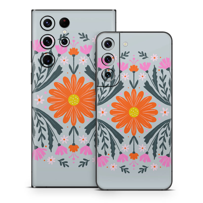 Samsung Galaxy S22 Series Skin design of Petal, Gesture, Font, Flower, Pattern, Art, Creative arts, Floral design, Illustration, Flowering plant, with pink, orange, green, white colors