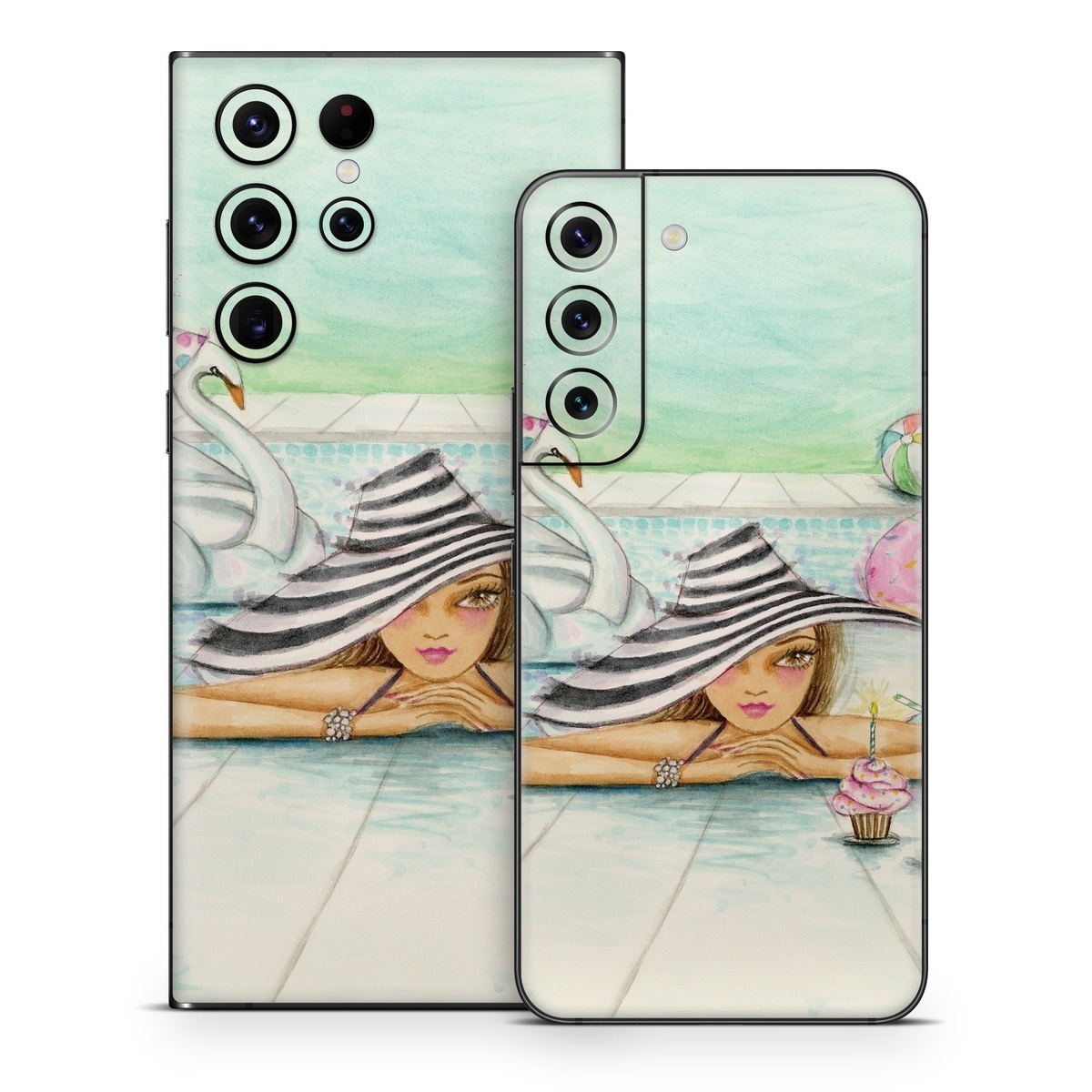 Samsung Galaxy S22 Series Skin design of Watercolor paint, Illustration, Cartoon, Art, Painting, Drawing, Fictional character, with blue, pink, white, black, brown, red, green, yellow colors