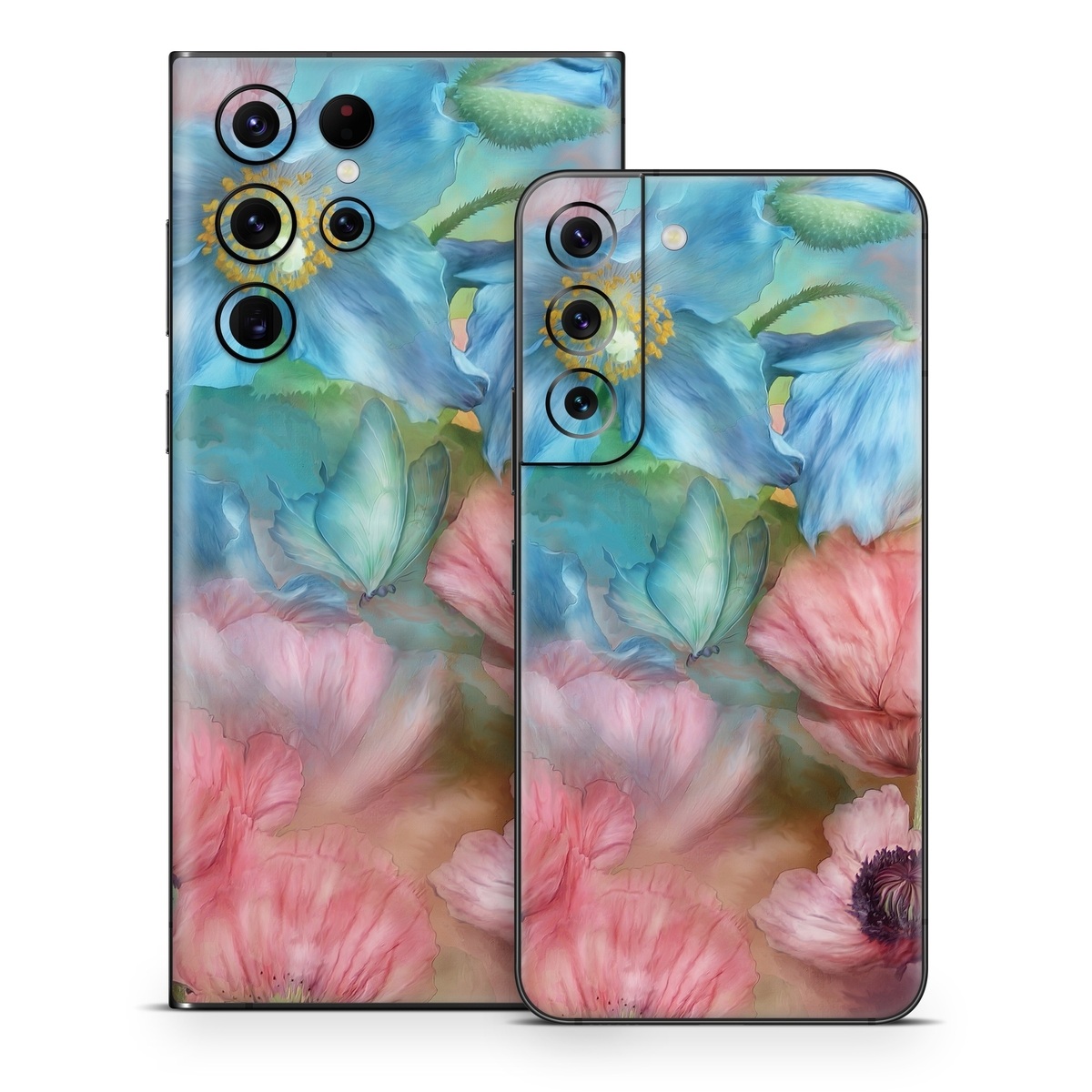 Samsung Galaxy S22 Series Skin design of Flower, Petal, Watercolor paint, Painting, Plant, Flowering plant, Pink, Botany, Wildflower, Still life, with gray, blue, black, red, green colors