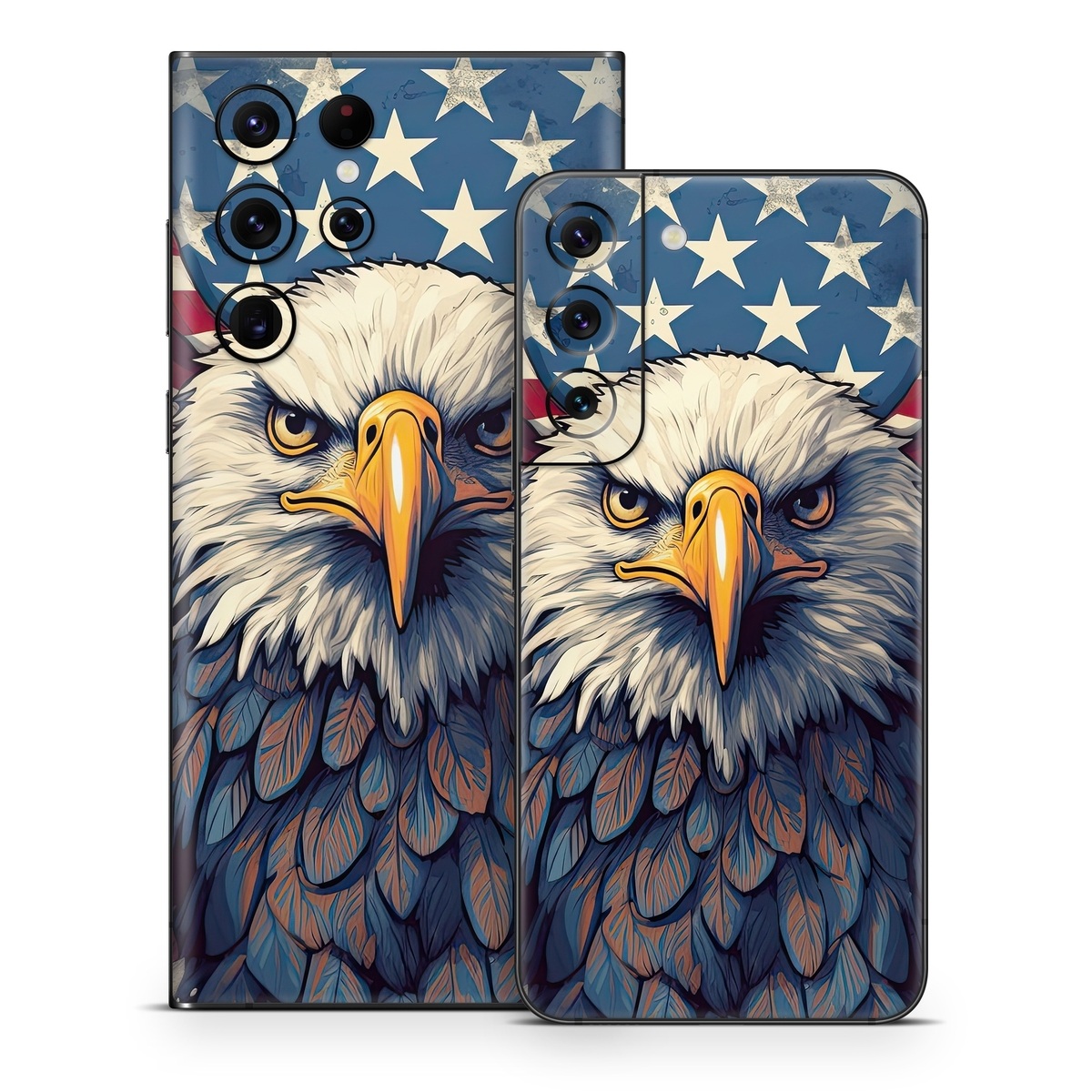 Samsung Galaxy S22 Series Skin design of Bird, Accipitridae, Beak, Sea eagle, Falconiformes, Feather, Eagle, Painting, Art, Bald eagle, with red, blue, white, brown, yellow, gray, orange colors