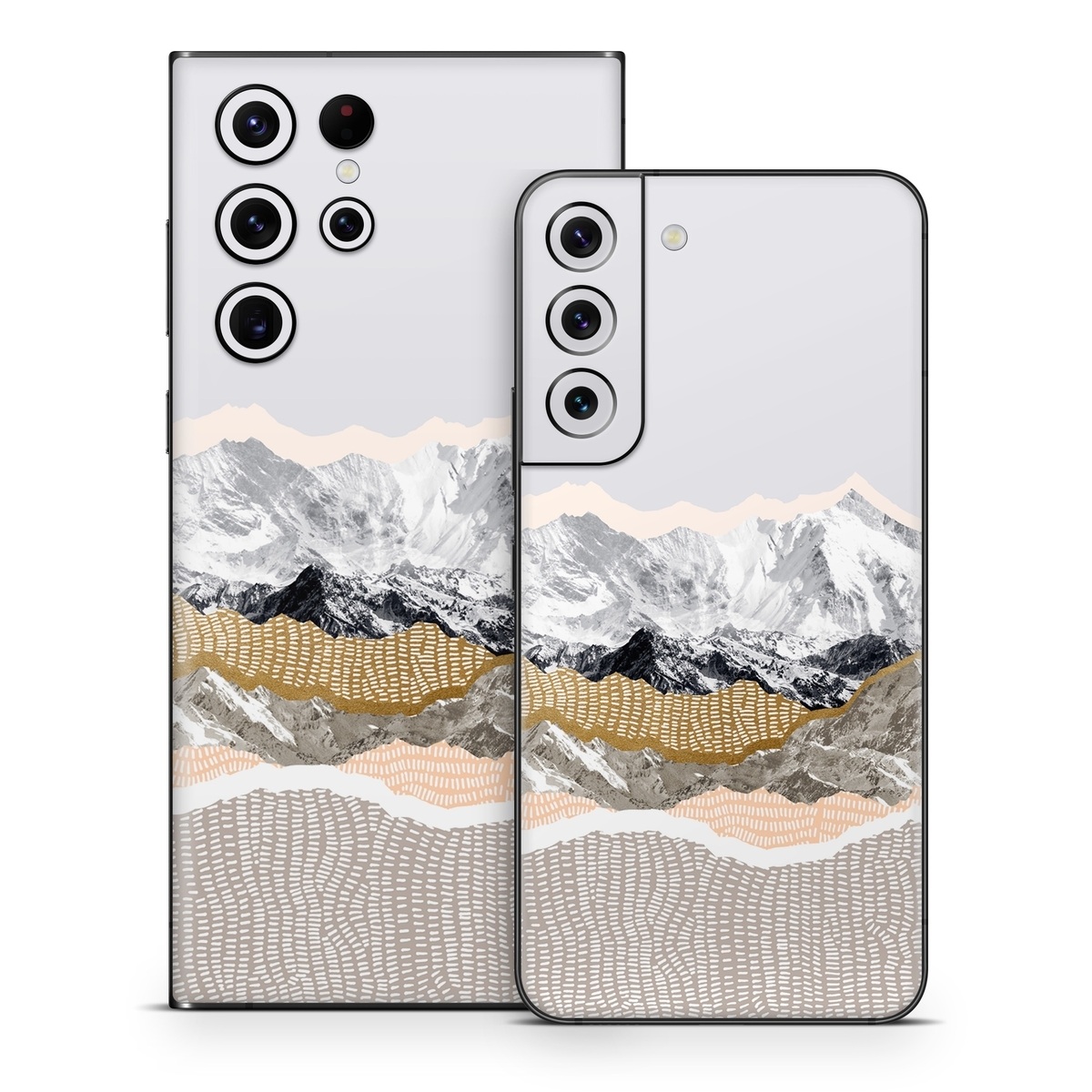 Samsung Galaxy S22 Series Skin design of White, Mountainous landforms, Mountain, Mountain range, Glacial landform, Geological phenomenon, Sky, Ridge, Geology, Glacier, with white, yellow, brown, gray, black colors