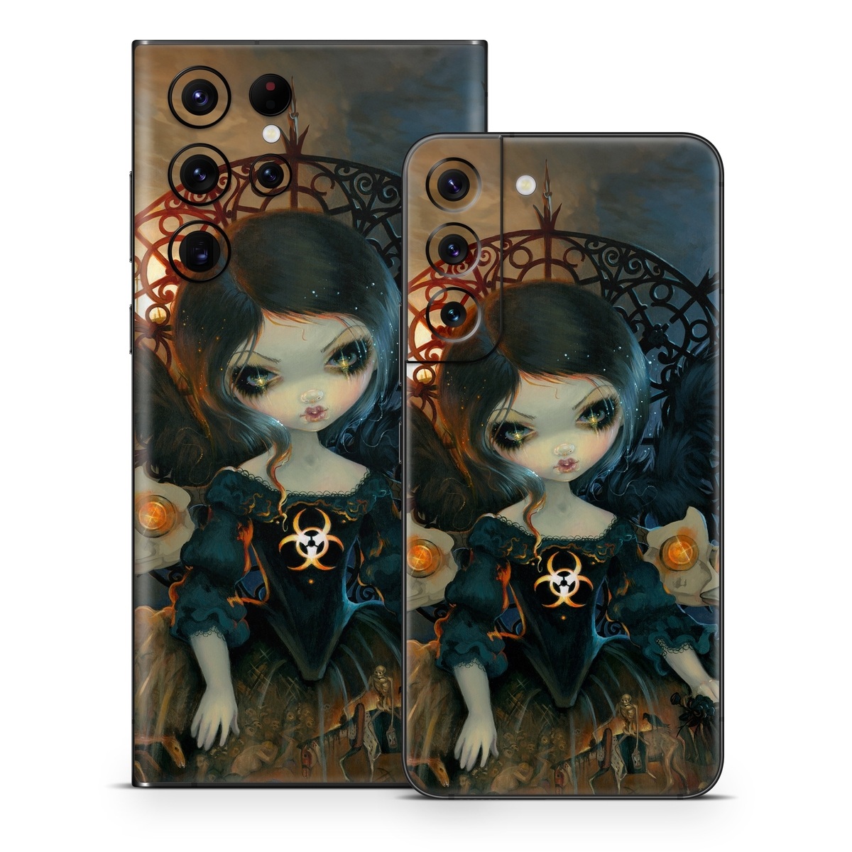 Samsung Galaxy S22 Series Skin design of Doll, Head, Illustration, Eye, Cg artwork, Fictional character, Toy, Iris, Art, Mythology, with brown, red, black, orange, blue, yellow colors