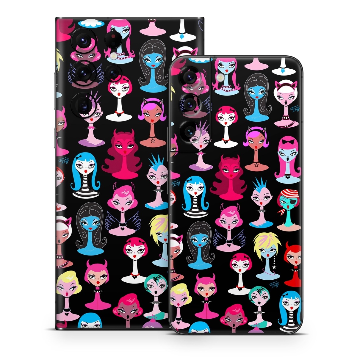 Samsung Galaxy S22 Series Skin design of Facial expression, Product, Font, Pink, Red, Magenta, Material property, Pattern, Fictional character, Illustration, with black, pink, blue, brown, red, green, white, yellow colors