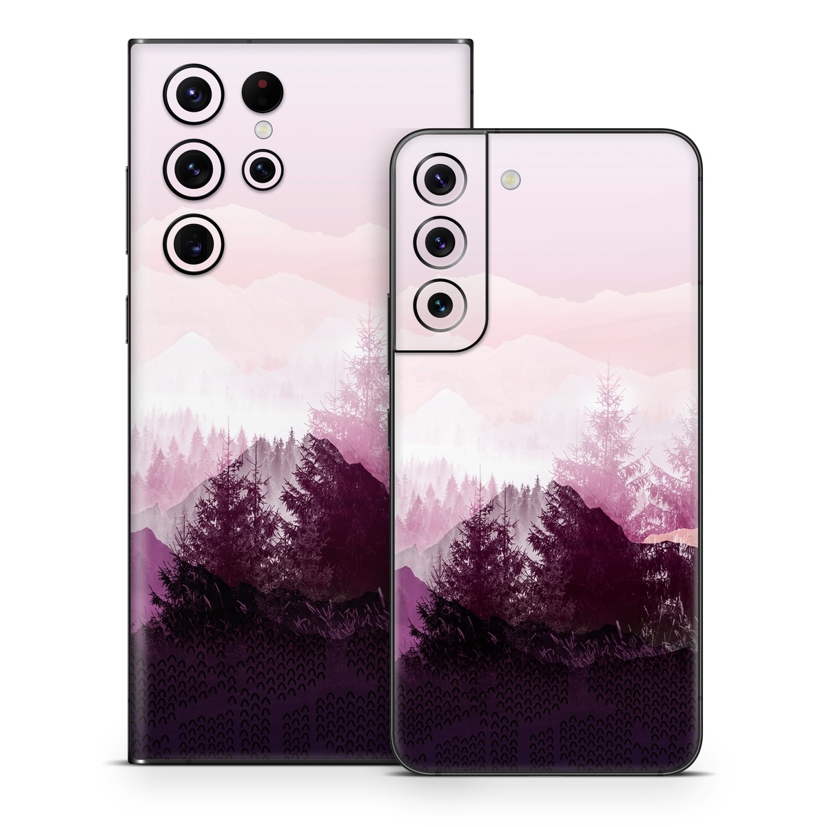 Samsung Galaxy S22 Series Skin design of Sky, Purple, Atmospheric phenomenon, Pink, Natural landscape, Violet, Mountain, Tree, Morning, Mountain range, with white, purple, black, pink colors