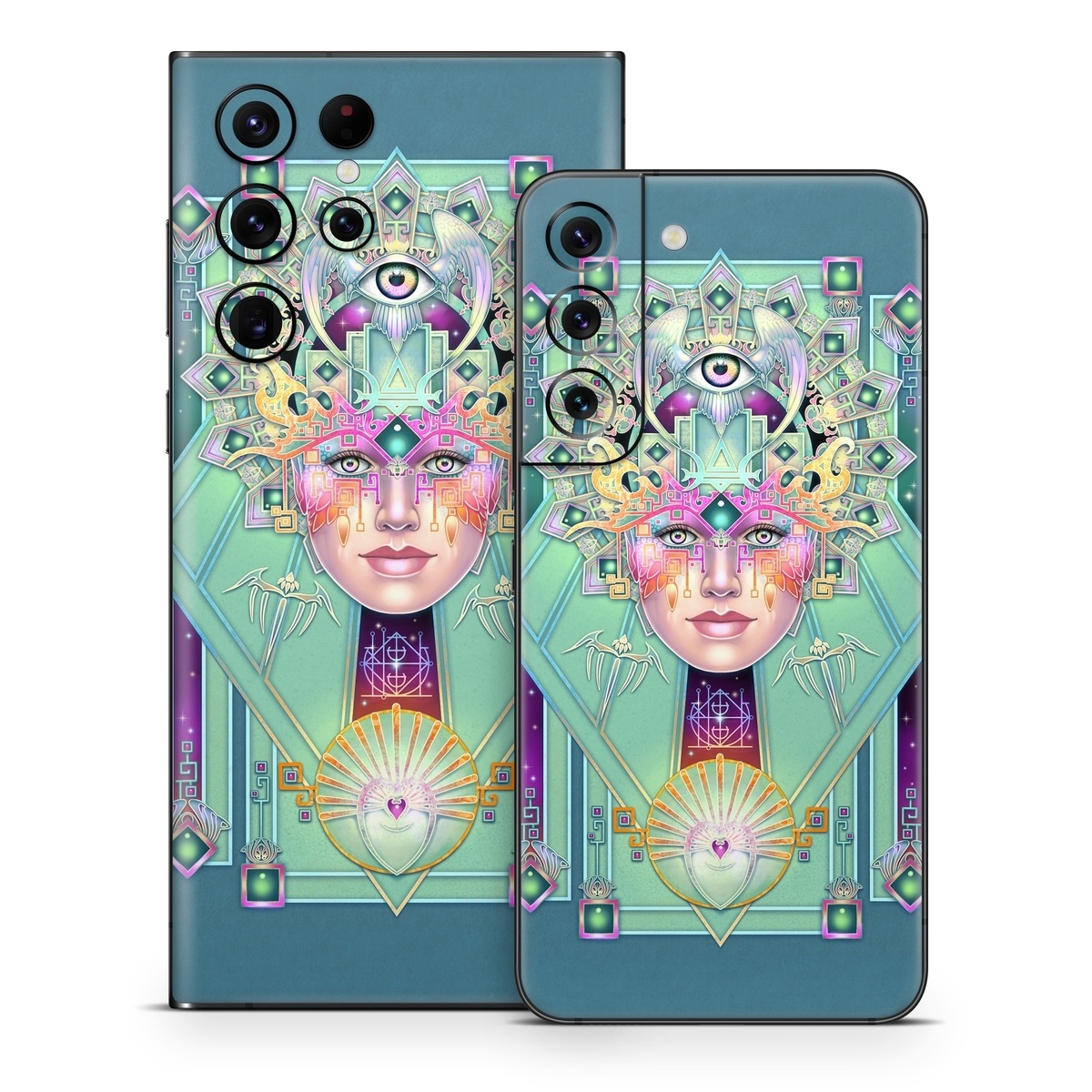 Samsung Galaxy S22 Series Skin design of Head, Eye, Eyelash, Font, Art, Magenta, Rectangle, Painting, Illustration, Pattern, with blue, green, yellow, red, purple, white colors
