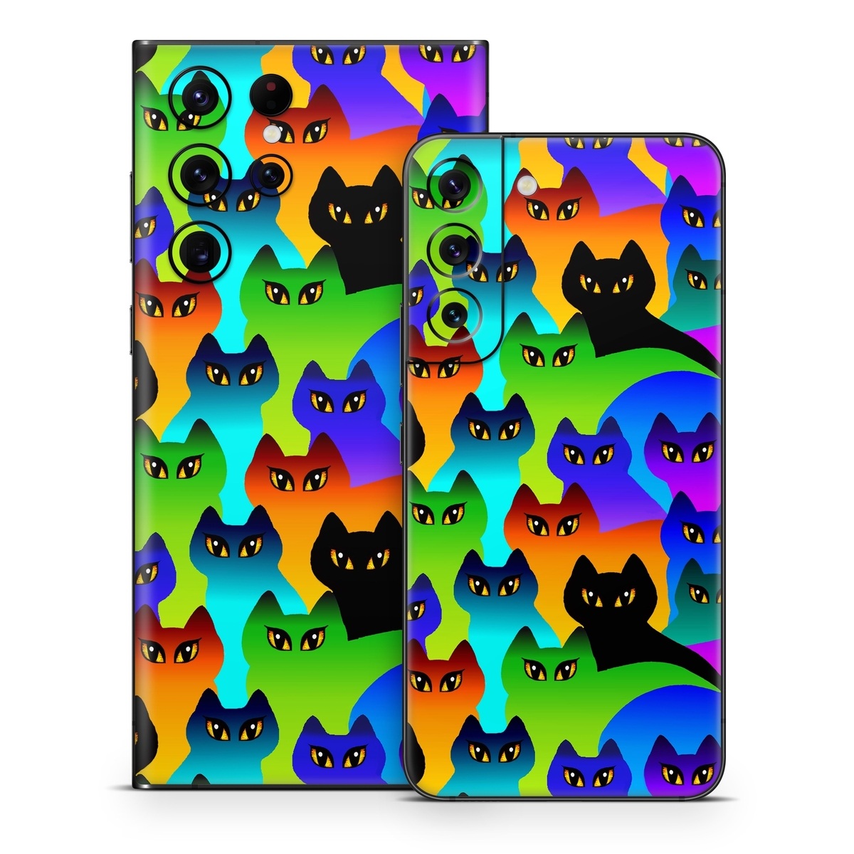 Samsung Galaxy S22 Series Skin design of Black cat, Purple, Cat, Small to medium-sized cats, Pattern, Design, Felidae, Illustration, Art, with black, blue, green, purple colors