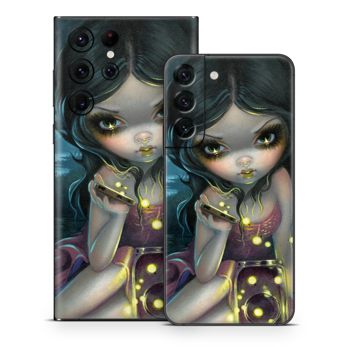 Samsung Galaxy S22 Series Skin design of Cg artwork, Illustration, Fictional character, Art, Iris, Black hair, Fawn, Mythology, Fiction, with blue, green, pink, yellow, black, white colors