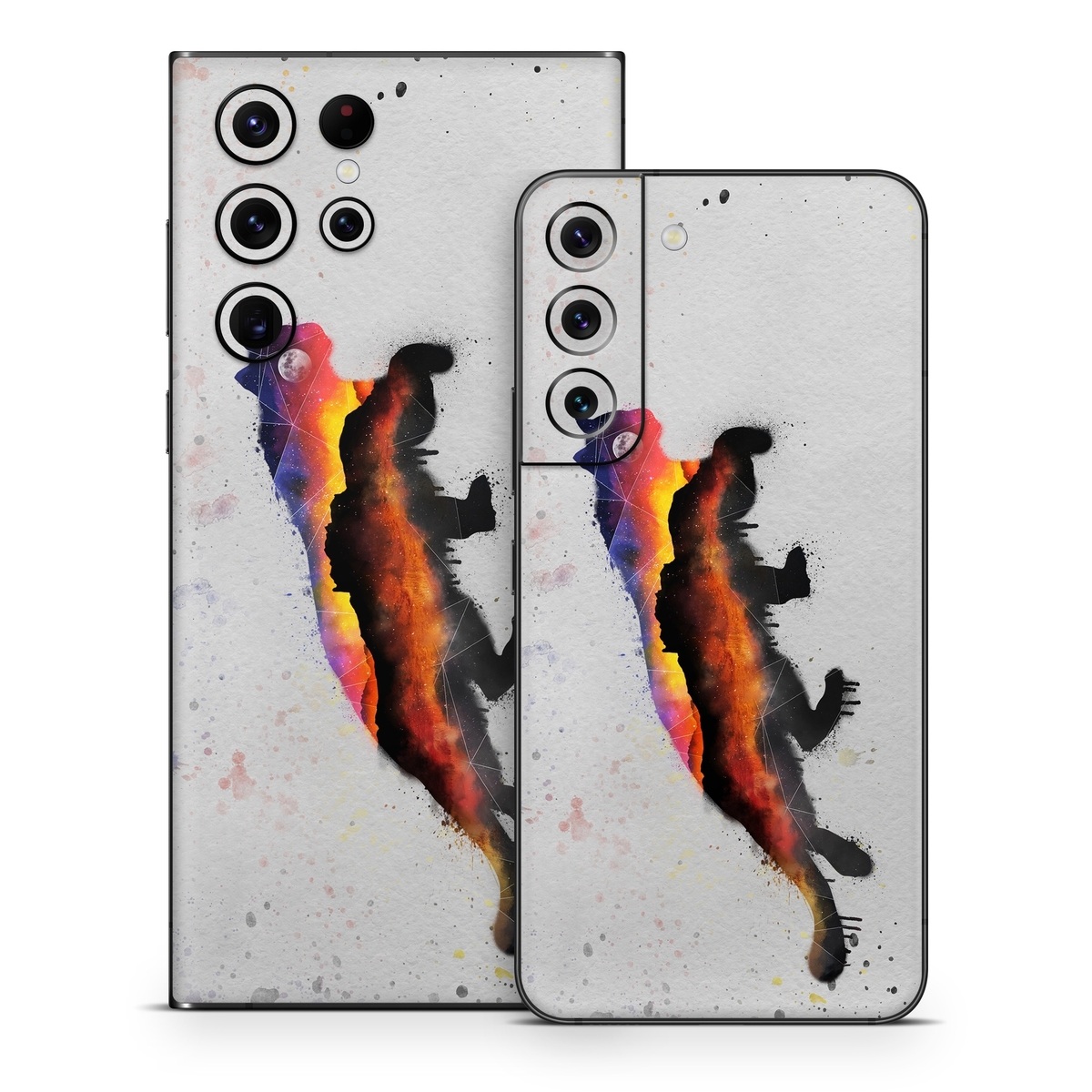 Samsung Galaxy S22 Series Skin design of Illustration, Watercolor paint, Art, Tail, Painting, Drawing, Acrylic paint, Geological phenomenon, Red fox, Paint, with gray, black, red, yellow, orange, white colors