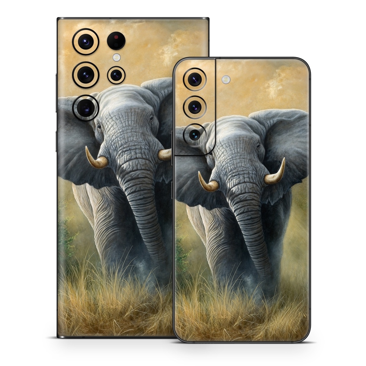 Samsung Galaxy S22 Series Skin design of Terrestrial animal, Elephants and Mammoths, Vertebrate, Wildlife, Mammal, African elephant, Indian elephant, Grassland, Working animal, Tusk, with gray, white, green, brown, yellow, orange colors
