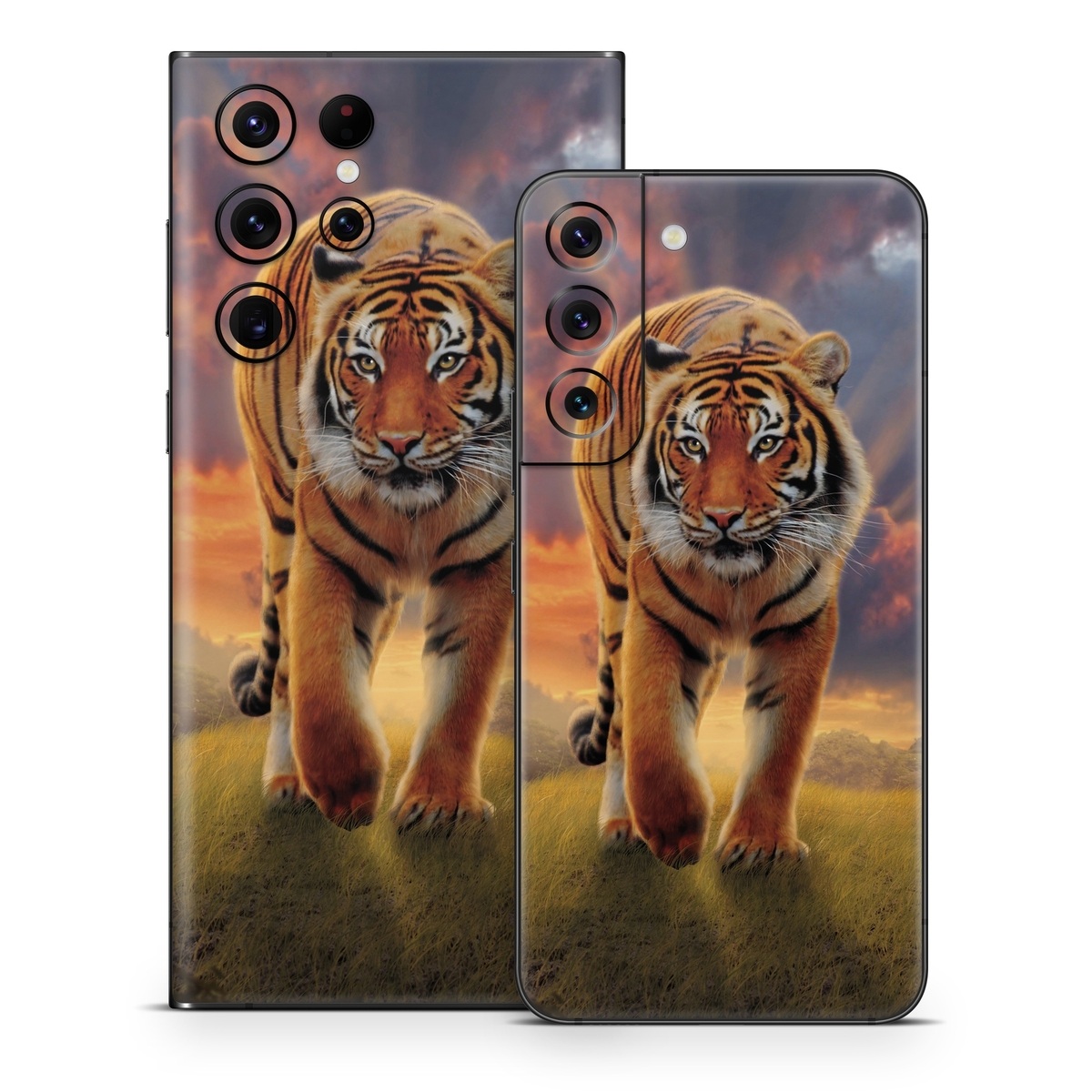 Samsung Galaxy S22 Series Skin design of Tiger, Wildlife, Bengal tiger, Mammal, Felidae, Siberian tiger, Sky, Big cats, Terrestrial animal, Carnivore, with black, white, yellow, red, green, blue colors
