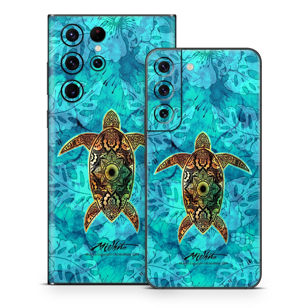 Samsung Galaxy S22 Series Skin design of Sea turtle, Green sea turtle, Turtle, Hawksbill sea turtle, Tortoise, Reptile, Loggerhead sea turtle, Illustration, Art, Pattern, with blue, black, green, gray, red colors