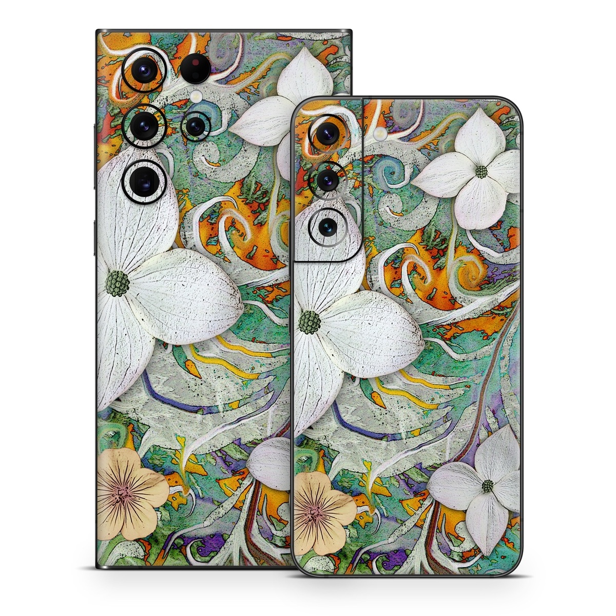 Samsung Galaxy S22 Series Skin design of Flower, Pattern, Plant, Wildflower, Floral design, Petal, Art, Painting, Visual arts, Wallpaper, with gray, black, green, blue, red colors
