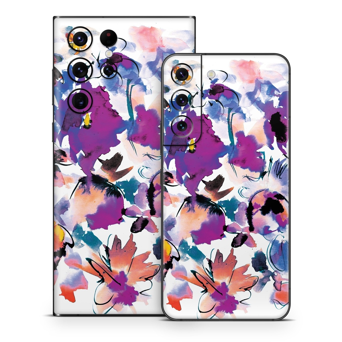 Samsung Galaxy S22 Series Skin design of Product, Purple, Illustration, Graphic design, Plant, Clip art, Flower, Graphics, Wildflower, Watercolor paint, with white, purple, pink, yellow, blue, black colors