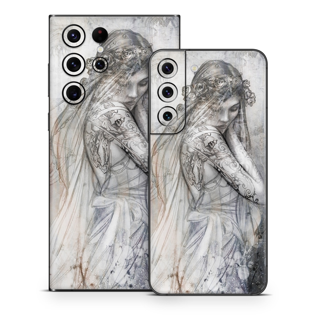 Samsung Galaxy S22 Series Skin design of Lady, Art, Illustration, Drawing, Painting, Sketch, Mythology, Figure drawing, Long hair, Visual arts, with white, gray, black colors