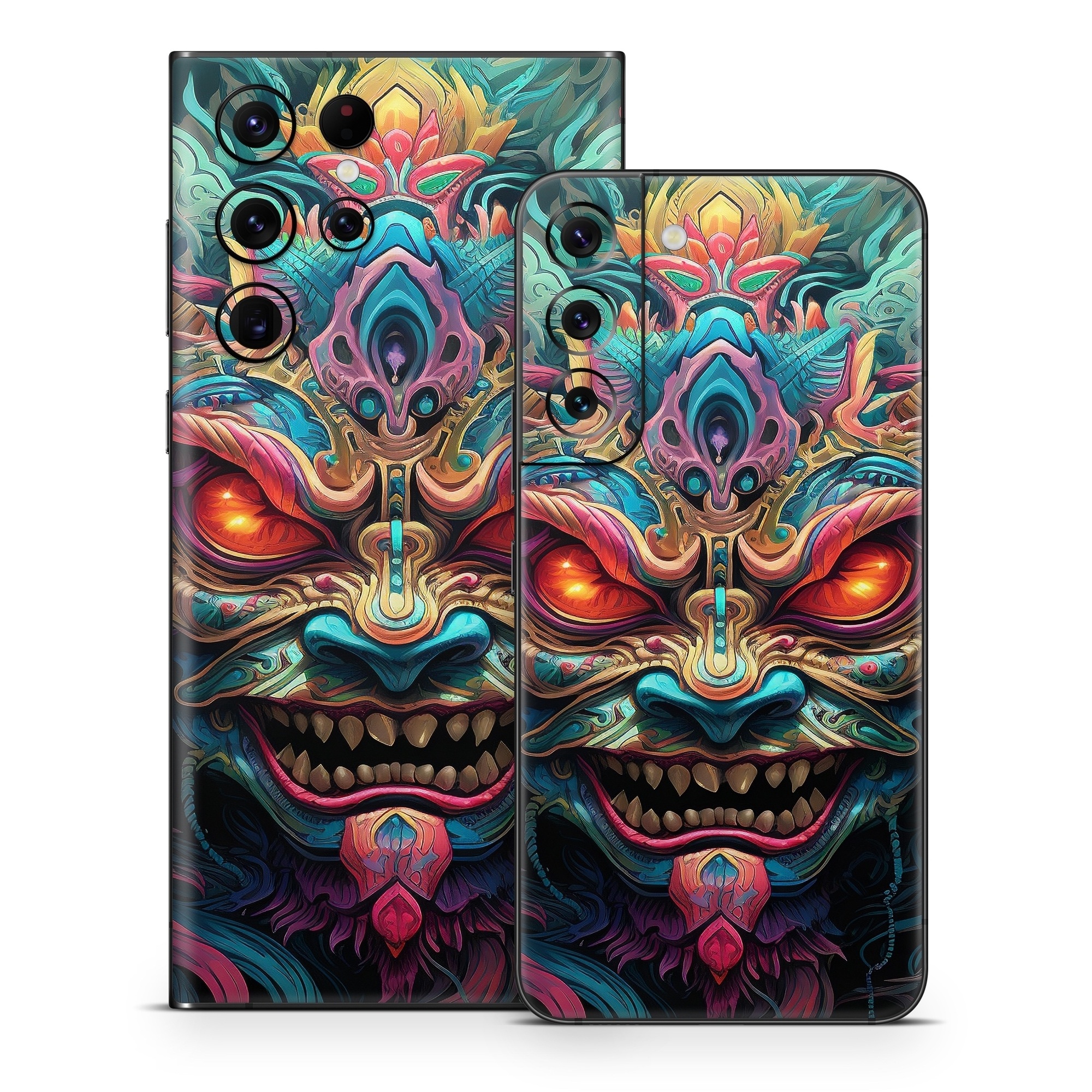 Samsung Galaxy S22 Series Skin design of Head, Eye, Human body, Art, Painting, Symmetry, Pattern, Paint, Magenta, Visual arts, with green, blue, yellow, orange, red, white, purple, black, gray colors
