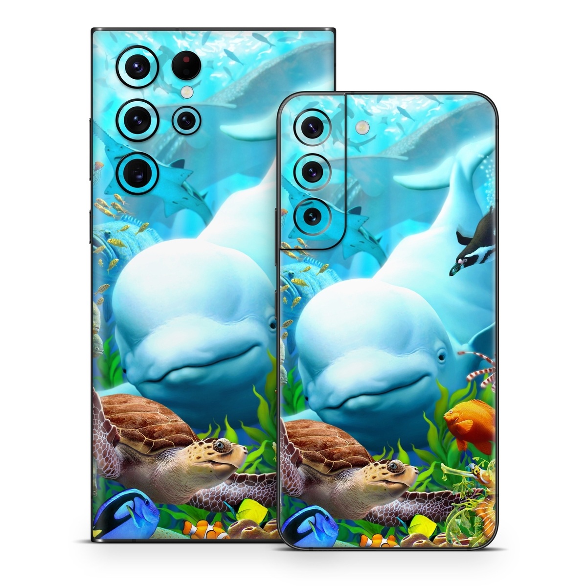 Samsung Galaxy S22 Series Skin design of Green, Blue, Azure, Natural environment, Underwater, Organism, Mammal, Art, Marine biology, Aqua, with blue, green, red, white, brown, yellow, orange, blue colors